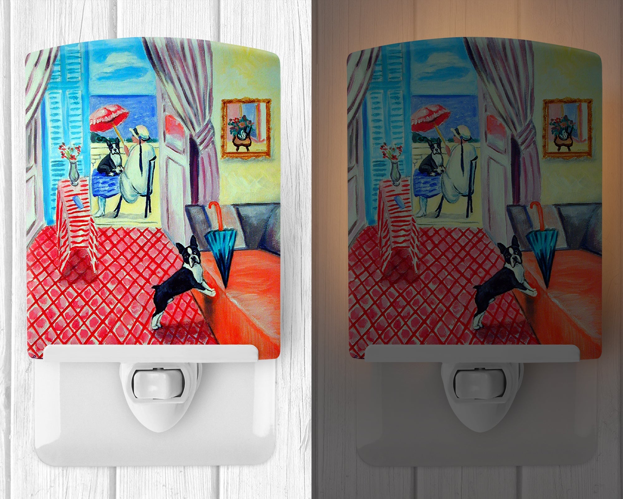 Lady with her Boston Terrier Ceramic Night Light Compact, UL-Certified, Ideal for Bedroom, Bathroom, Nursery, Hallway, Kitchen, 6x4x3, Multicolor