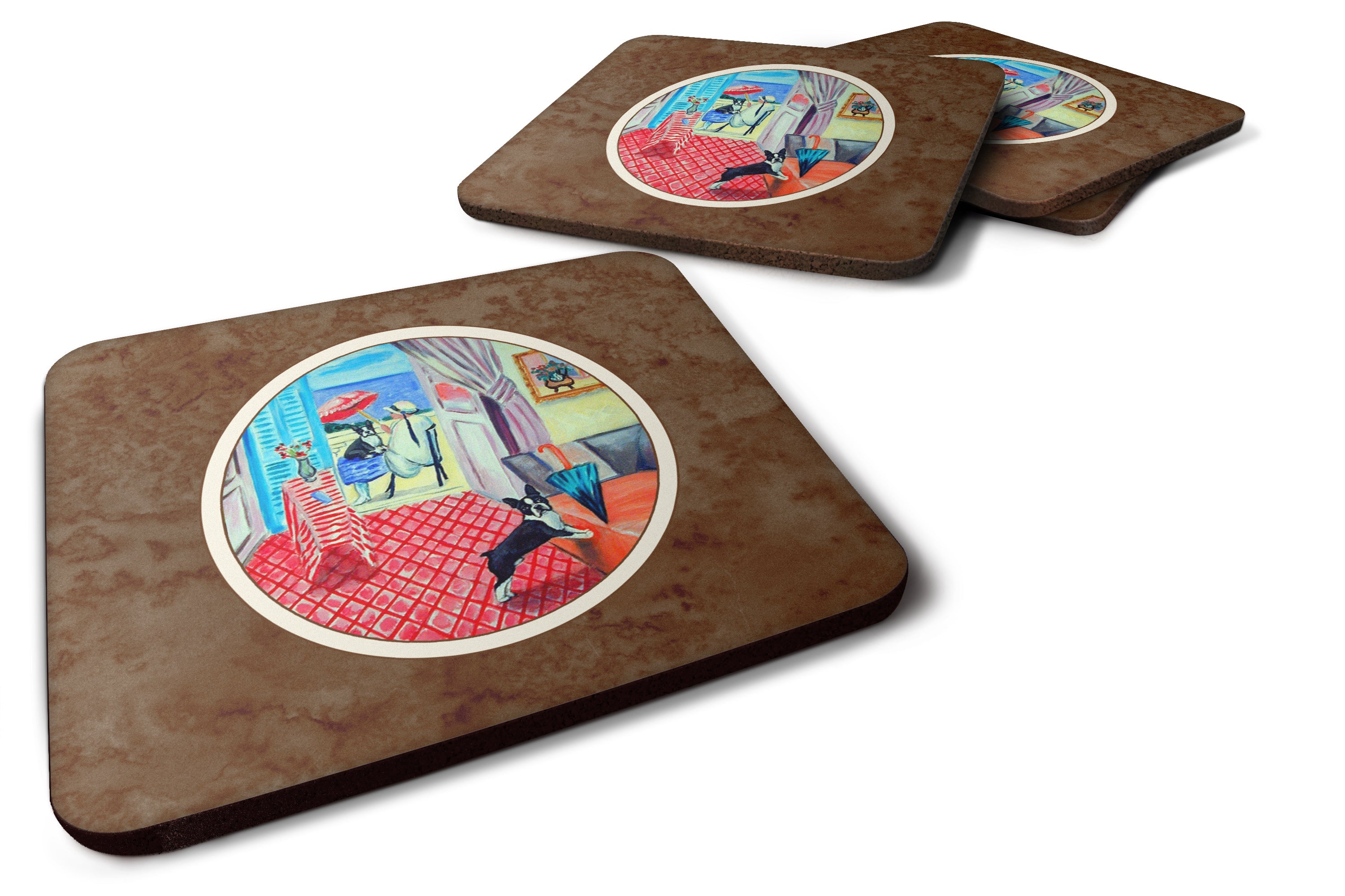 Lady with her Boston Terrier Foam Coasters Set of 4 Cup Coasters for Indoor Outdoor, Tabletop Protection, Anti Slip, Mouse pad Material