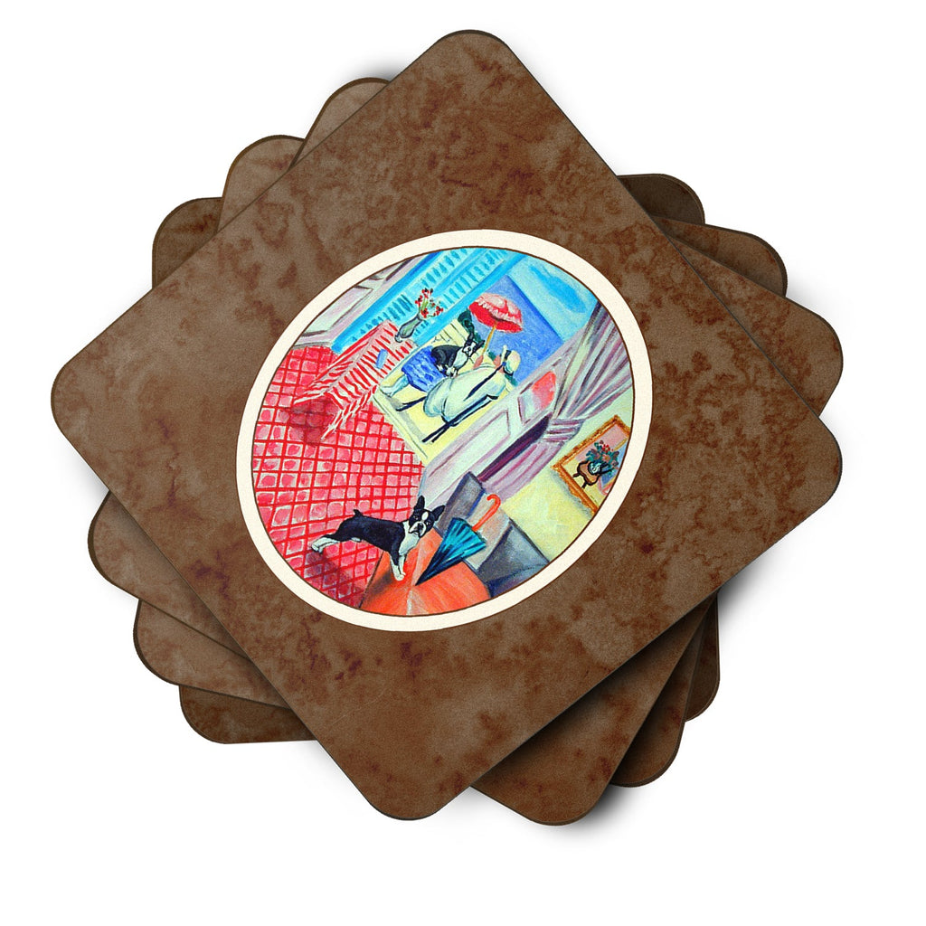 Lady with her Boston Terrier Foam Coasters Set of 4 Cup Coasters for Indoor Outdoor, Tabletop Protection, Anti Slip, Mouse pad Material