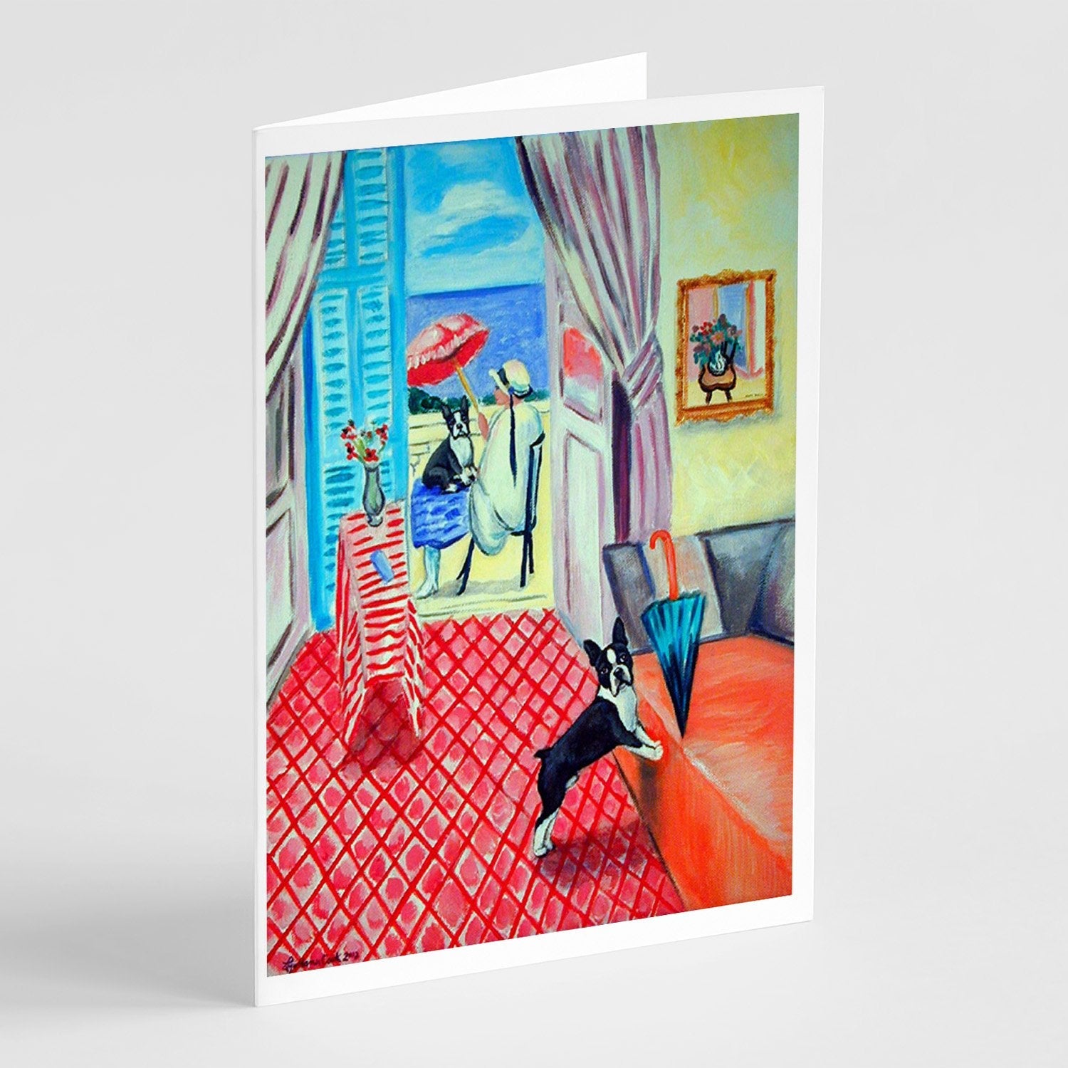 Lady with her Boston Terrier Greeting Cards Pack of 8 Blank Cards with Envelopes Whimsical A7 Size 5x7