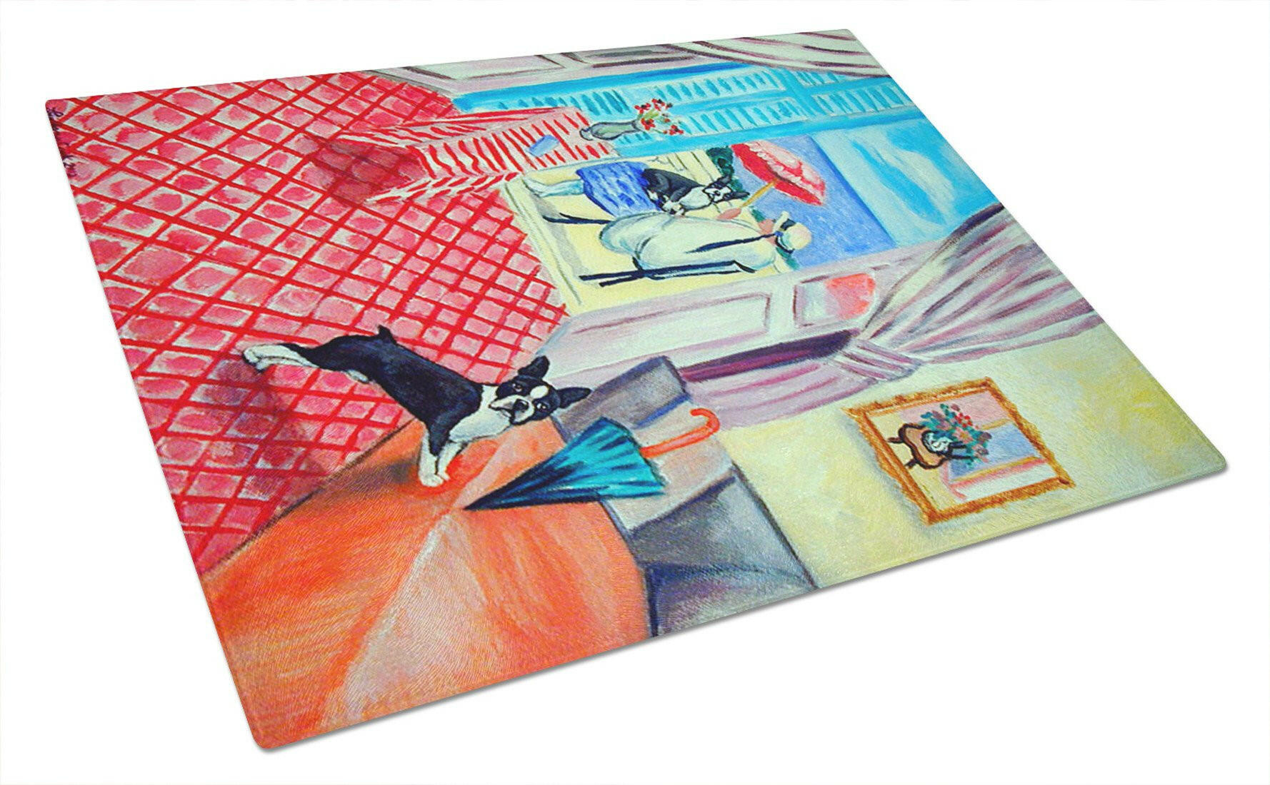 Lady with her Boston Terrier Cutting Board Tempered Glass Kitchen Cutting Surface, Heat Resistant Chopping, Non-Slip Feet, Food Prep & Serving