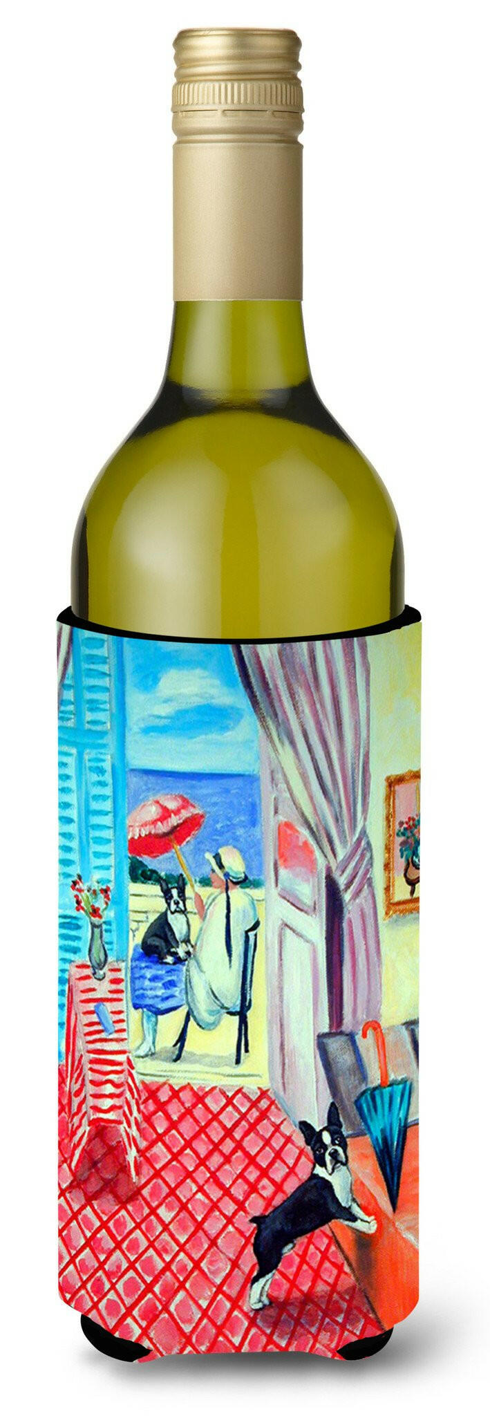 Lady with her Boston Terrier Wine Bottle Hugger Gift Sleeve for Standard 750 ml Bottles, Insulated Reusable Also Fits Mini Shot & Pint Bottles