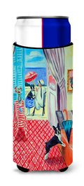 Lady with her Boston Terrier Slim Can Hugger , Insulated Foam Hugger for 12 oz Slim Cans, Beer Bottles & Water Bottles, Printed in USA