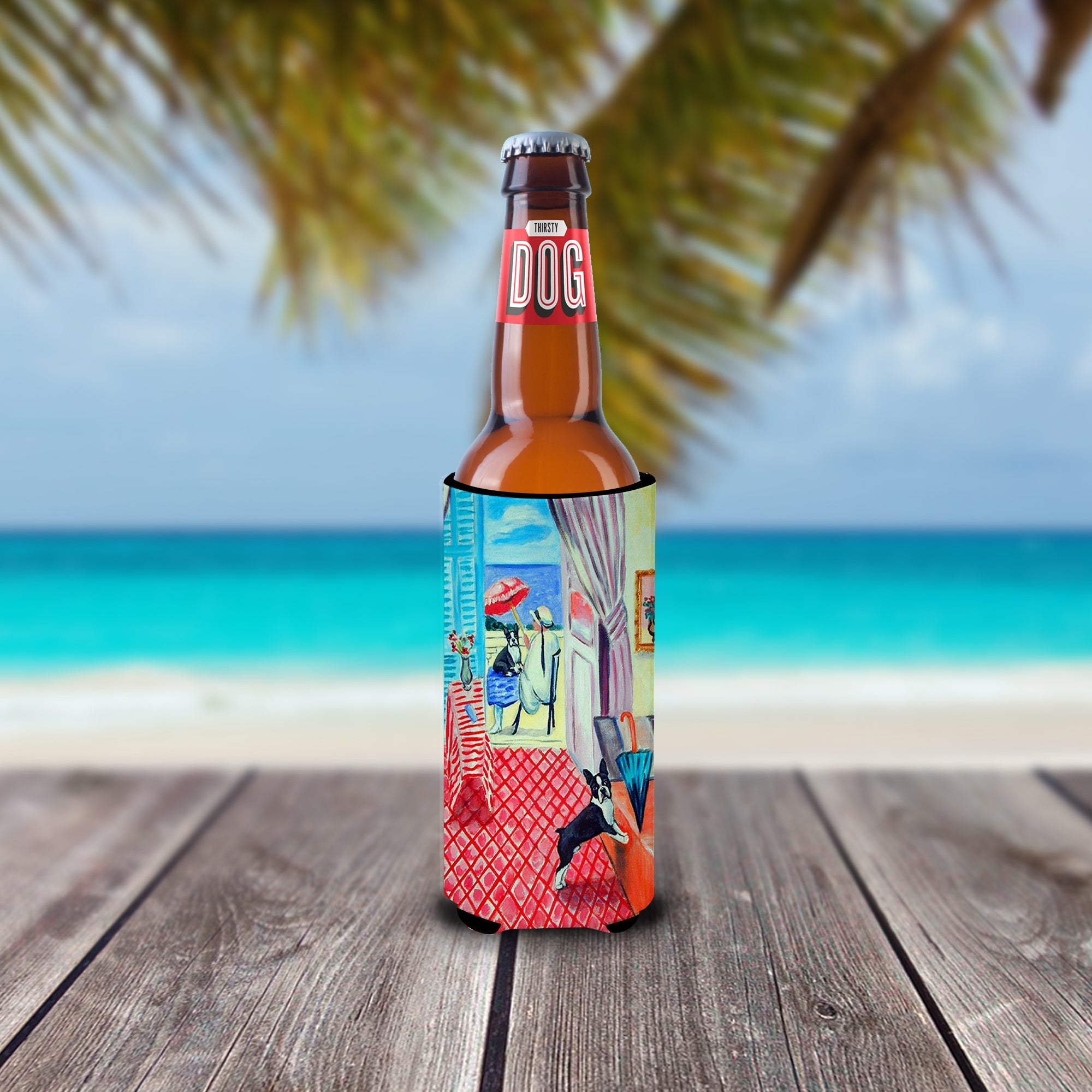 Lady with her Boston Terrier Slim Can Hugger , Insulated Foam Hugger for 12 oz Slim Cans, Beer Bottles & Water Bottles, Printed in USA