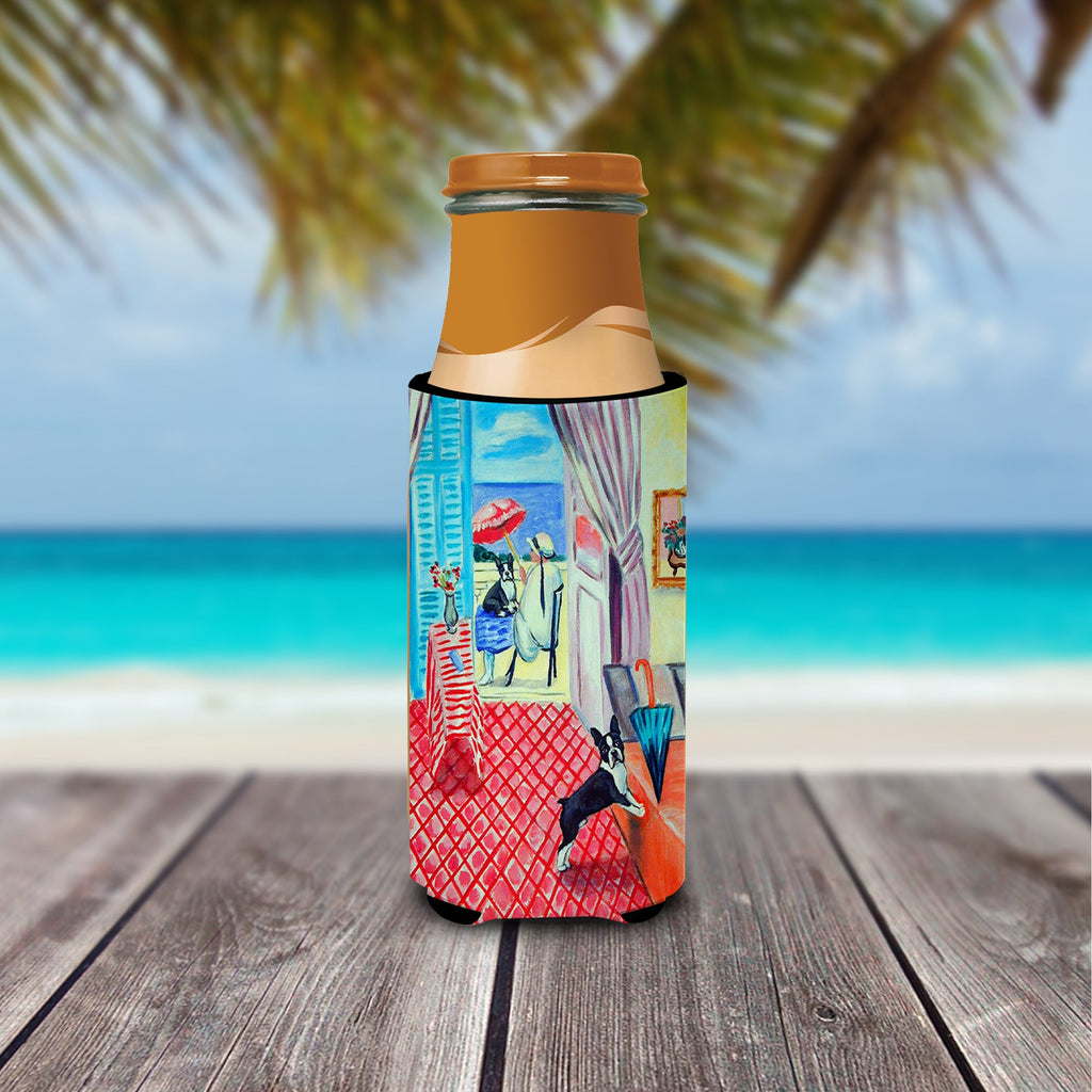Lady with her Boston Terrier Slim Can Hugger , Insulated Foam Hugger for 12 oz Slim Cans, Beer Bottles & Water Bottles, Printed in USA