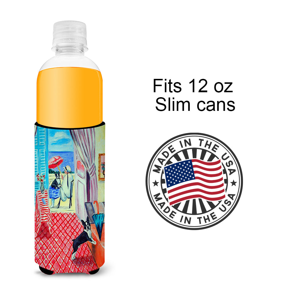 Lady with her Boston Terrier Slim Can Hugger , Insulated Foam Hugger for 12 oz Slim Cans, Beer Bottles & Water Bottles, Printed in USA