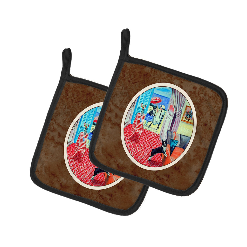 Lady with her Boston Terrier Pot Holder Set of 2 Heat Resistant Quilted Hot Pads 7.5 x 7.5 Inch, Insulated Kitchen Trivets for Cooking & Baking