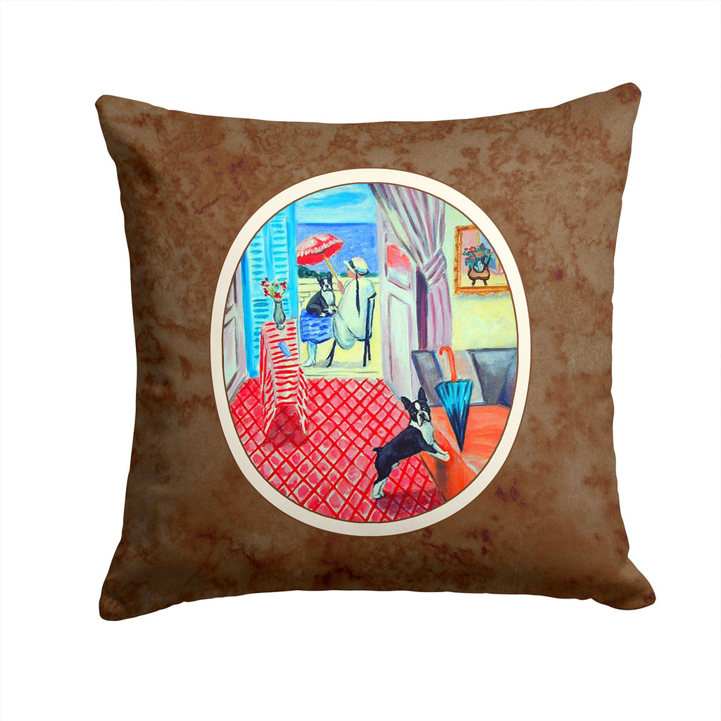 Lady with her Boston Terrier Decorative Throw Pillow 14x14 Indoor Outdoor Accent Cushion, Fabric Cover with Insert for Sofa, Bed, Porch & Living Room