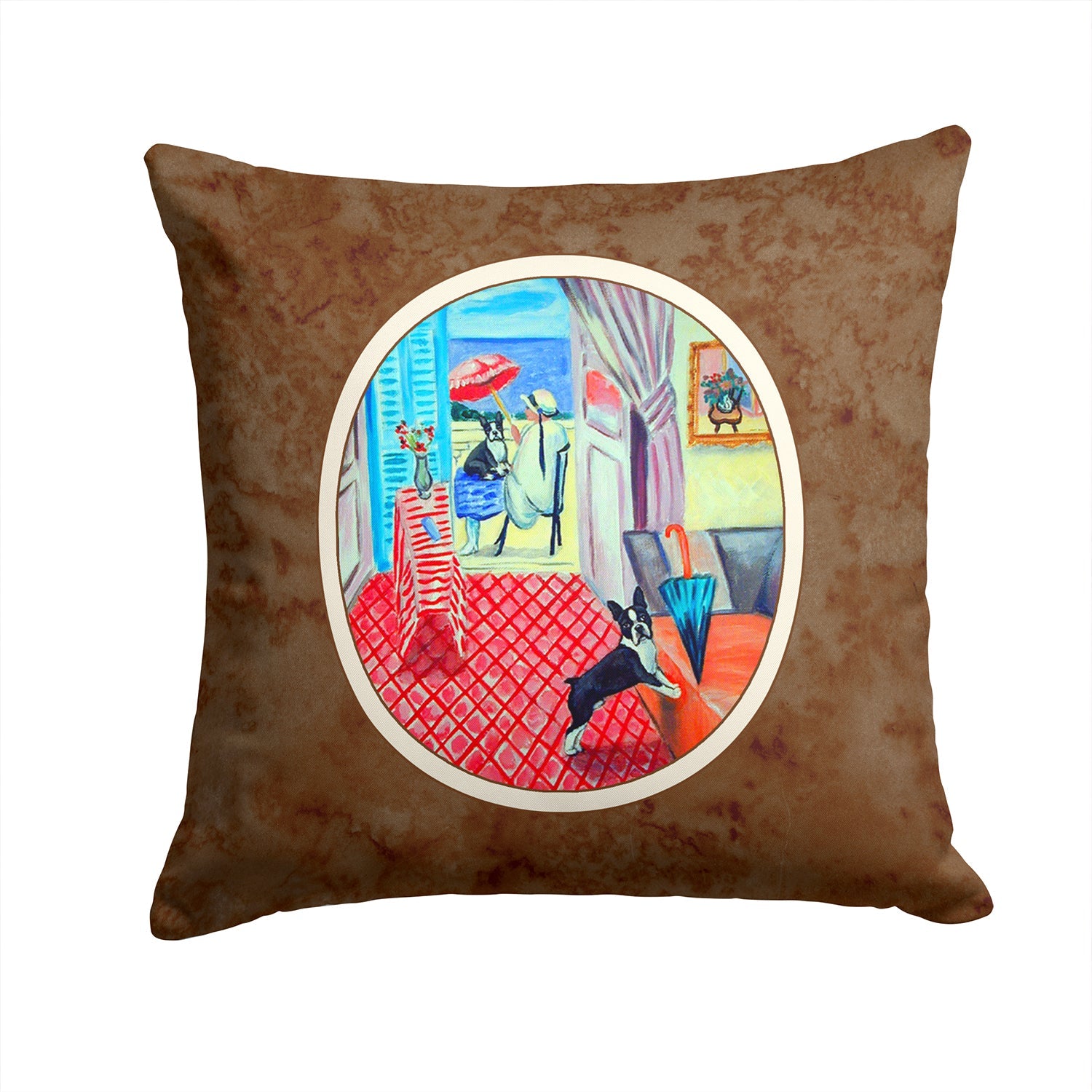 Lady with her Boston Terrier Decorative Throw Pillow 14x14 Indoor Outdoor Accent Cushion, Fabric Cover with Insert for Sofa, Bed, Porch & Living Room