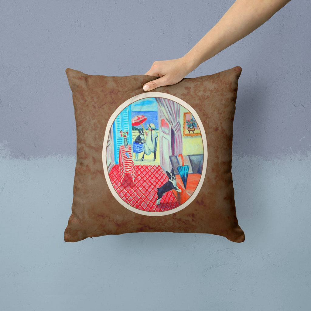 Lady with her Boston Terrier Decorative Throw Pillow 14x14 Indoor Outdoor Accent Cushion, Fabric Cover with Insert for Sofa, Bed, Porch & Living Room