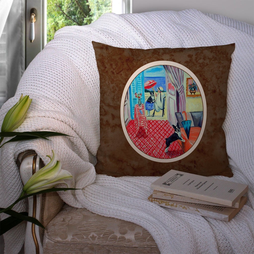 Lady with her Boston Terrier Decorative Throw Pillow 14x14 Indoor Outdoor Accent Cushion, Fabric Cover with Insert for Sofa, Bed, Porch & Living Room