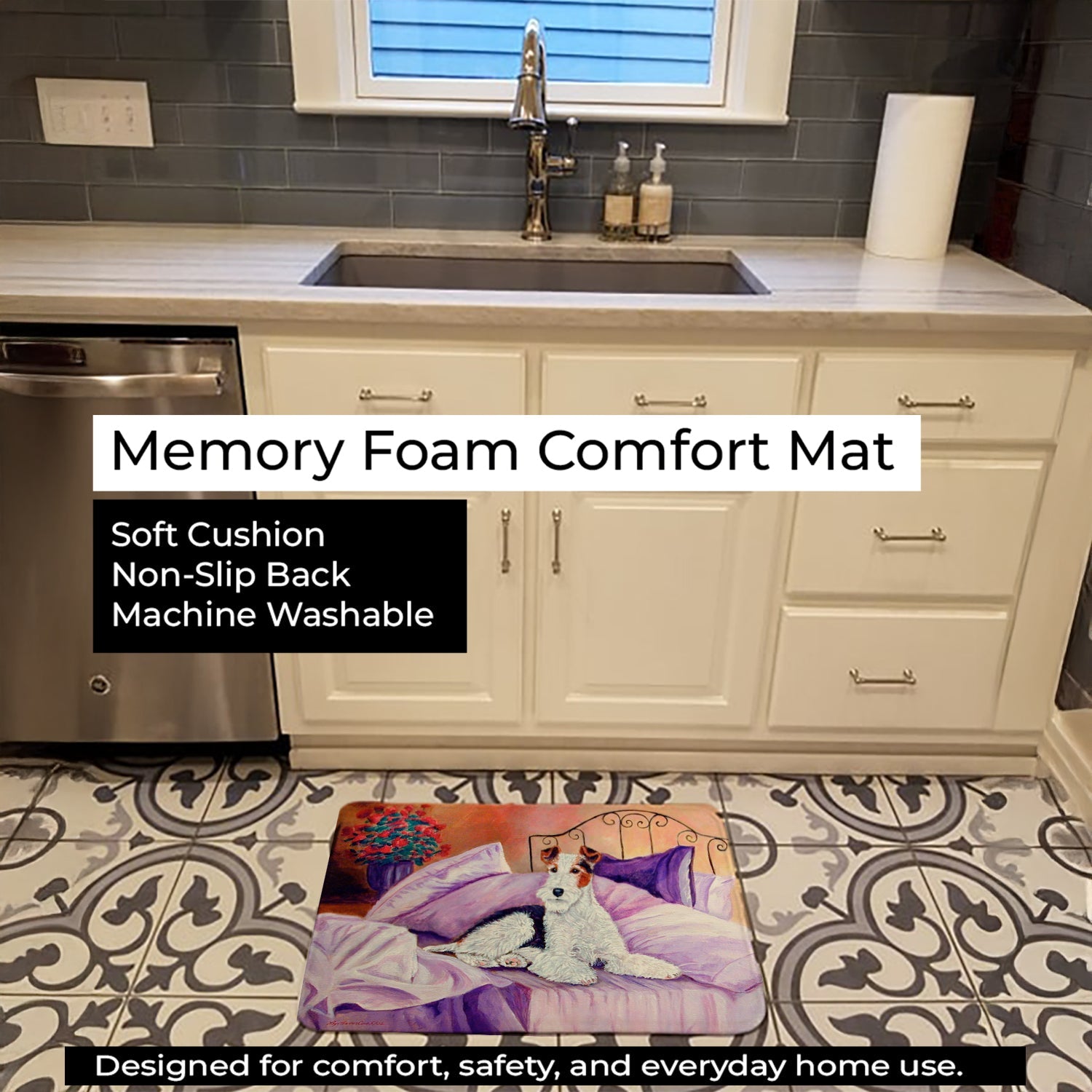 Fox Terrier Waiting on Mom Memory Foam Kitchen Mat Machine Washable Anti-Fatigue Cushion Comfort Bath or Kitchen Rug