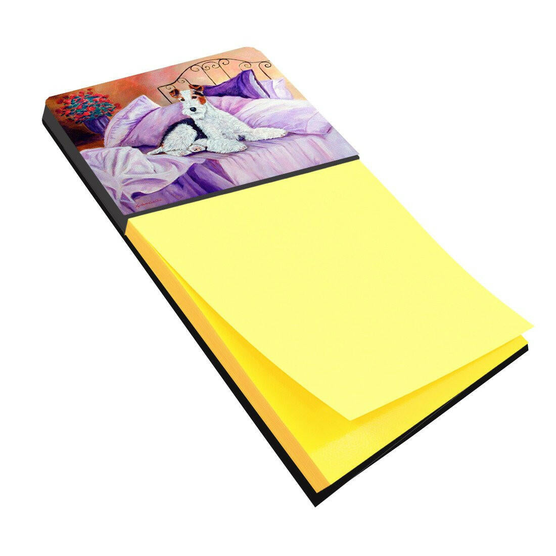 Fox Terrier Waiting on Mom Watercolor Sticky Note Holder Refillable Dispenser Desk Accessory 3x3 Pad Gift