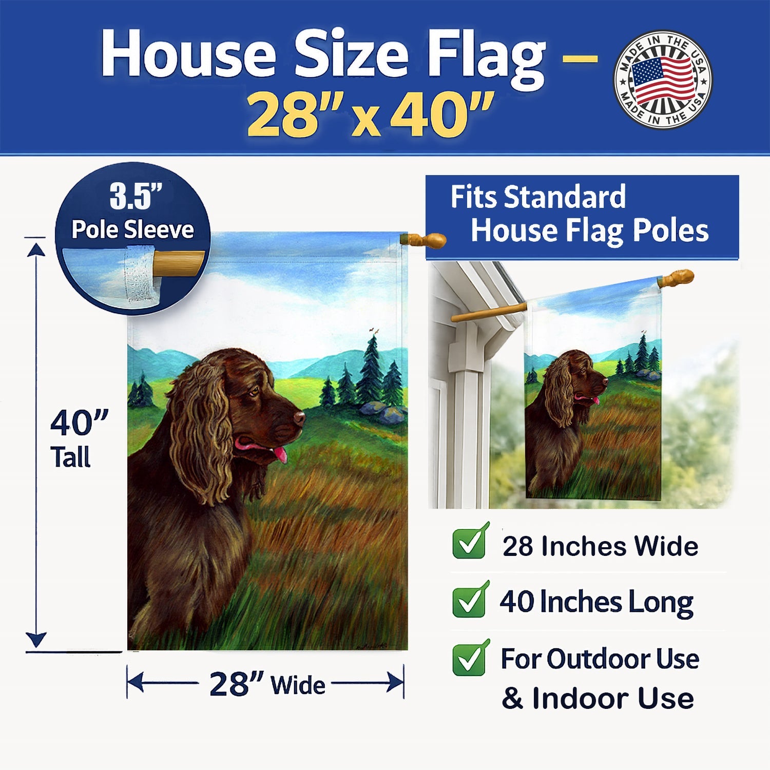 Sussex Spaniel House Flag 28x40 Porch Sleeve Pole Decorative Outside Yard Banner Artwork Wall Hanging, Polyester