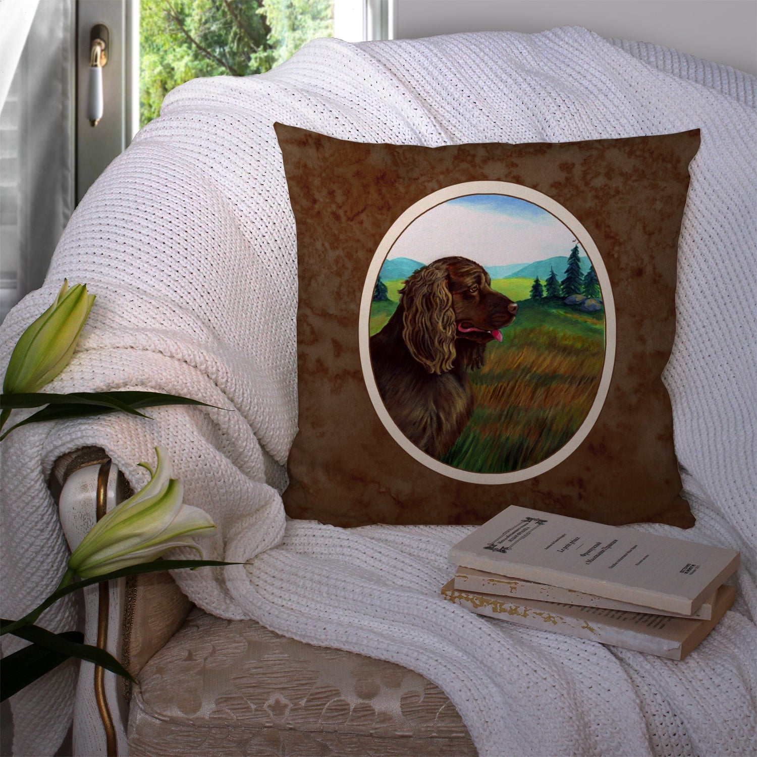 Sussex Spaniel Decorative Throw Pillow 14x14 Indoor Outdoor Accent Cushion, Fabric Cover with Insert for Sofa, Bed, Porch & Living Room