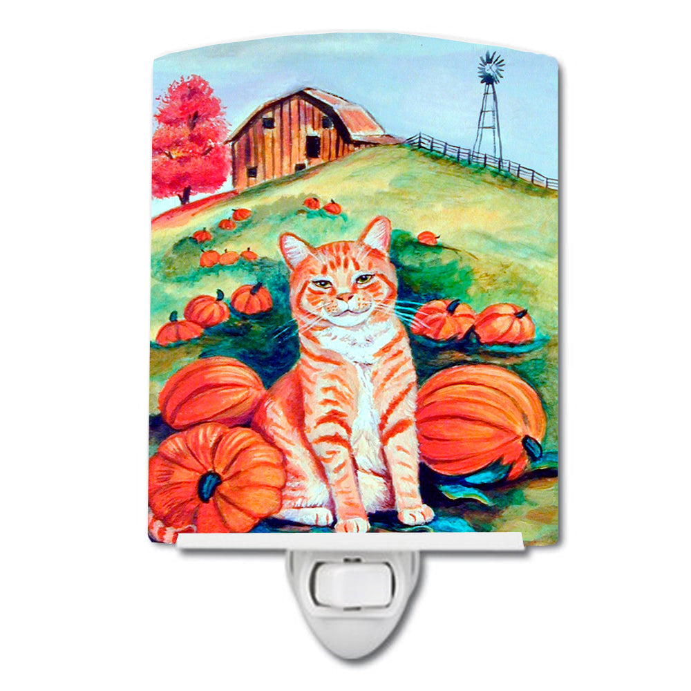 Tabby Cat in Pumpins Ceramic Night Light Compact, UL-Certified, Ideal for Bedroom, Bathroom, Nursery, Hallway, Kitchen, 6x4x3, Multicolor