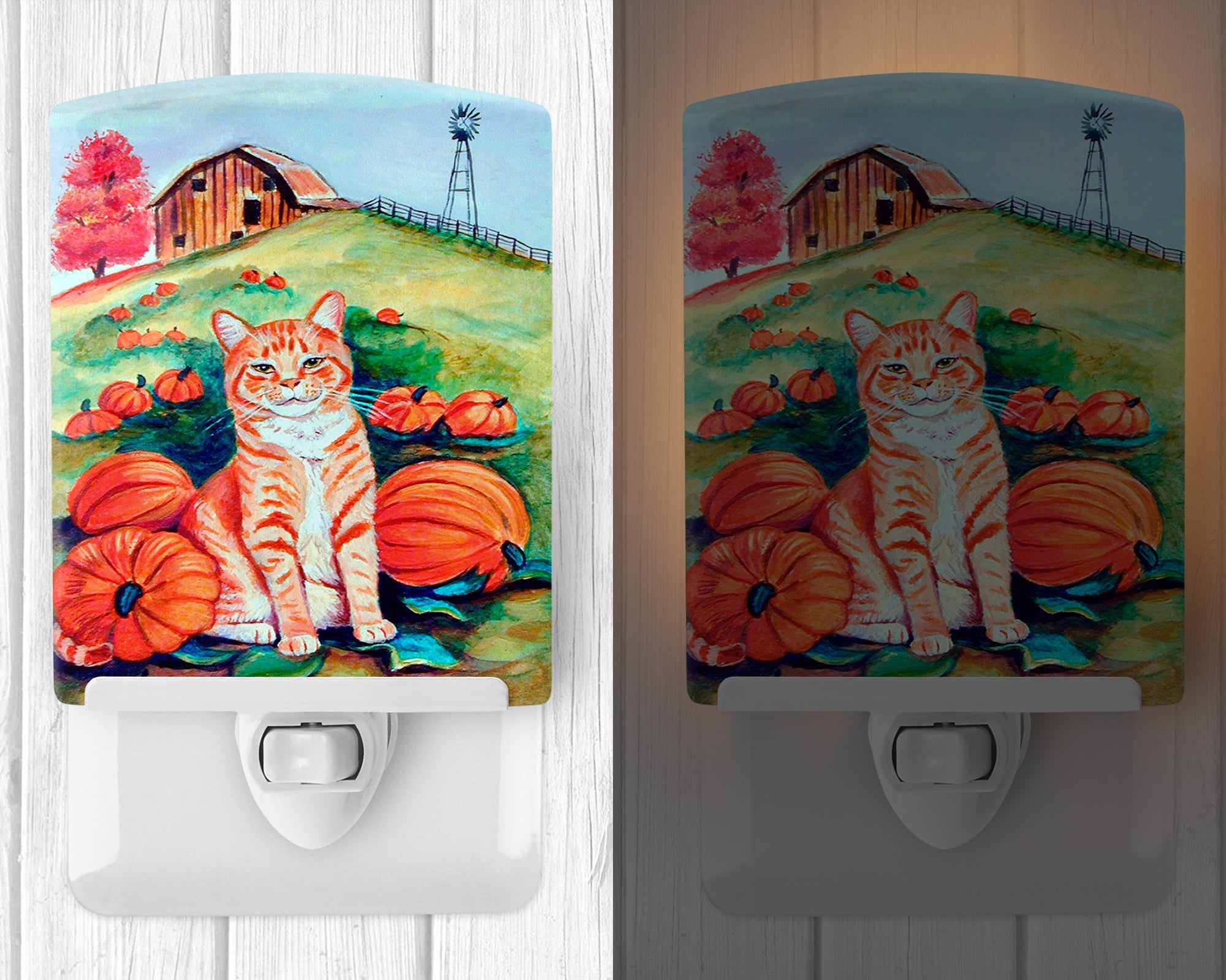 Tabby Cat in Pumpins Ceramic Night Light Compact, UL-Certified, Ideal for Bedroom, Bathroom, Nursery, Hallway, Kitchen, 6x4x3, Multicolor