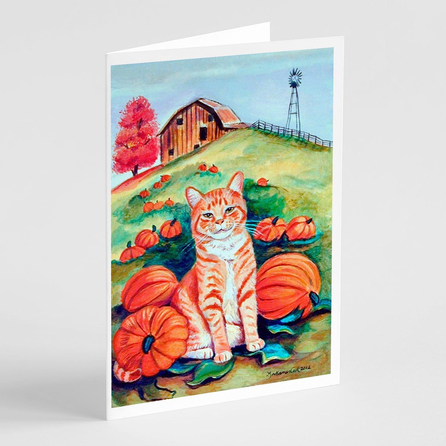 Tabby Cat in Pumpins Greeting Cards Pack of 8 Blank Cards with Envelopes Whimsical A7 Size 5x7