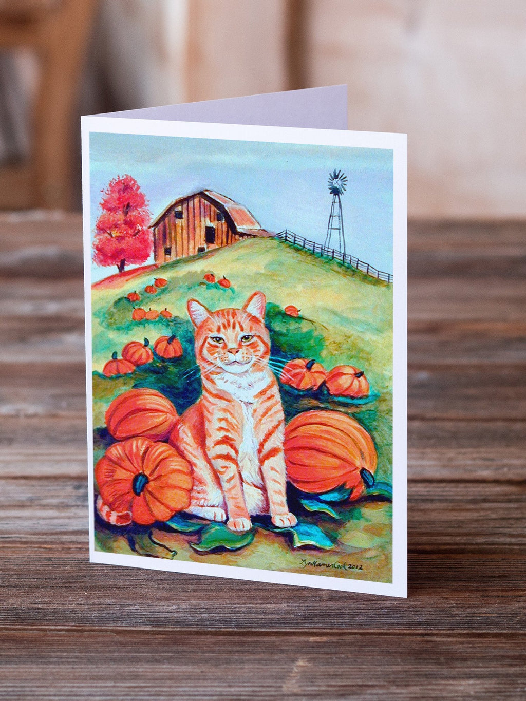 Tabby Cat in Pumpins Greeting Cards Pack of 8 Blank Cards with Envelopes Whimsical A7 Size 5x7