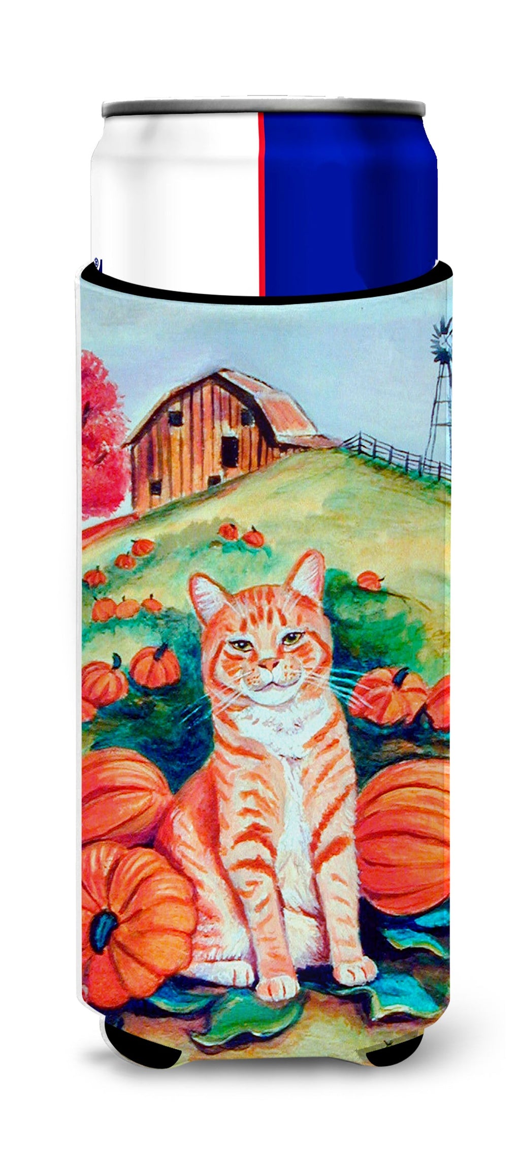 Tabby Cat in Pumpins Slim Can Hugger , Insulated Foam Hugger for 12 oz Slim Cans, Beer Bottles & Water Bottles, Printed in USA