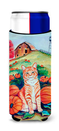 Tabby Cat in Pumpins Slim Can Hugger , Insulated Foam Hugger for 12 oz Slim Cans, Beer Bottles & Water Bottles, Printed in USA