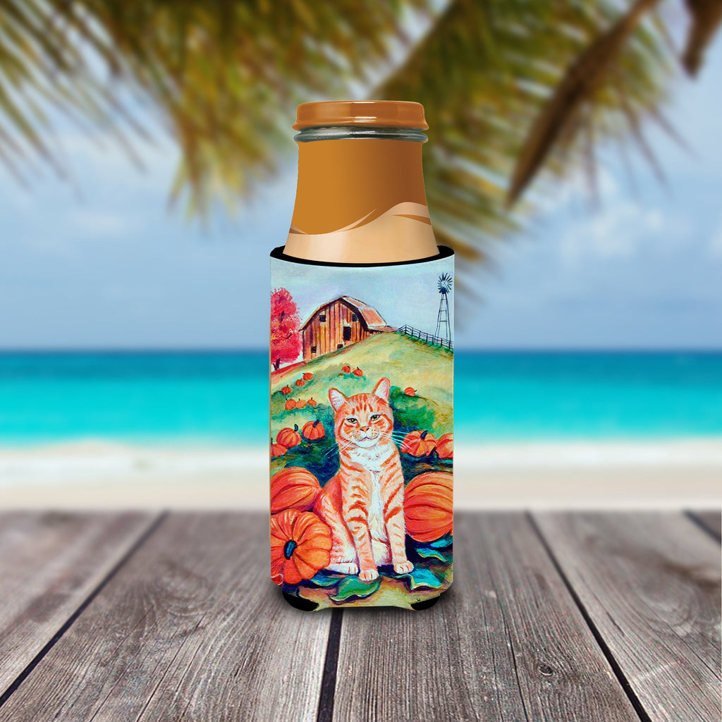 Tabby Cat in Pumpins Slim Can Hugger , Insulated Foam Hugger for 12 oz Slim Cans, Beer Bottles & Water Bottles, Printed in USA