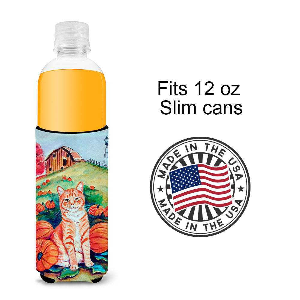 Tabby Cat in Pumpins Slim Can Hugger , Insulated Foam Hugger for 12 oz Slim Cans, Beer Bottles & Water Bottles, Printed in USA
