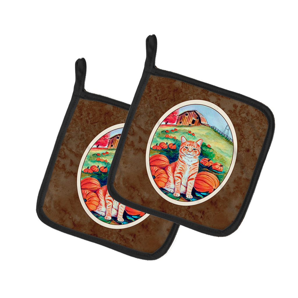 Tabby Cat in Pumpins Pot Holder Set of 2 Heat Resistant Quilted Hot Pads 7.5 x 7.5 Inch, Insulated Kitchen Trivets for Cooking & Baking
