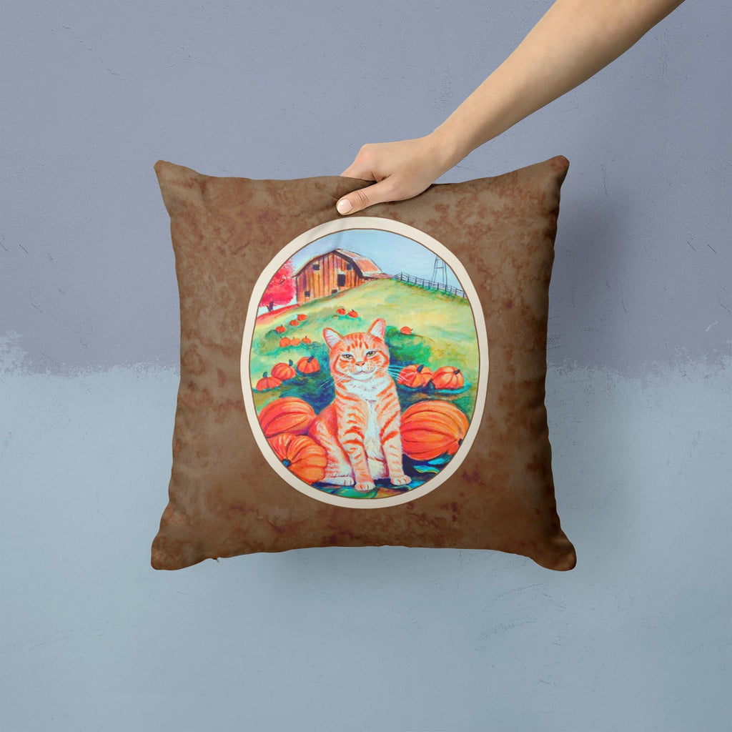 Tabby Cat in Pumpins Decorative Throw Pillow 14x14 Indoor Outdoor Accent Cushion, Fabric Cover with Insert for Sofa, Bed, Porch & Living Room