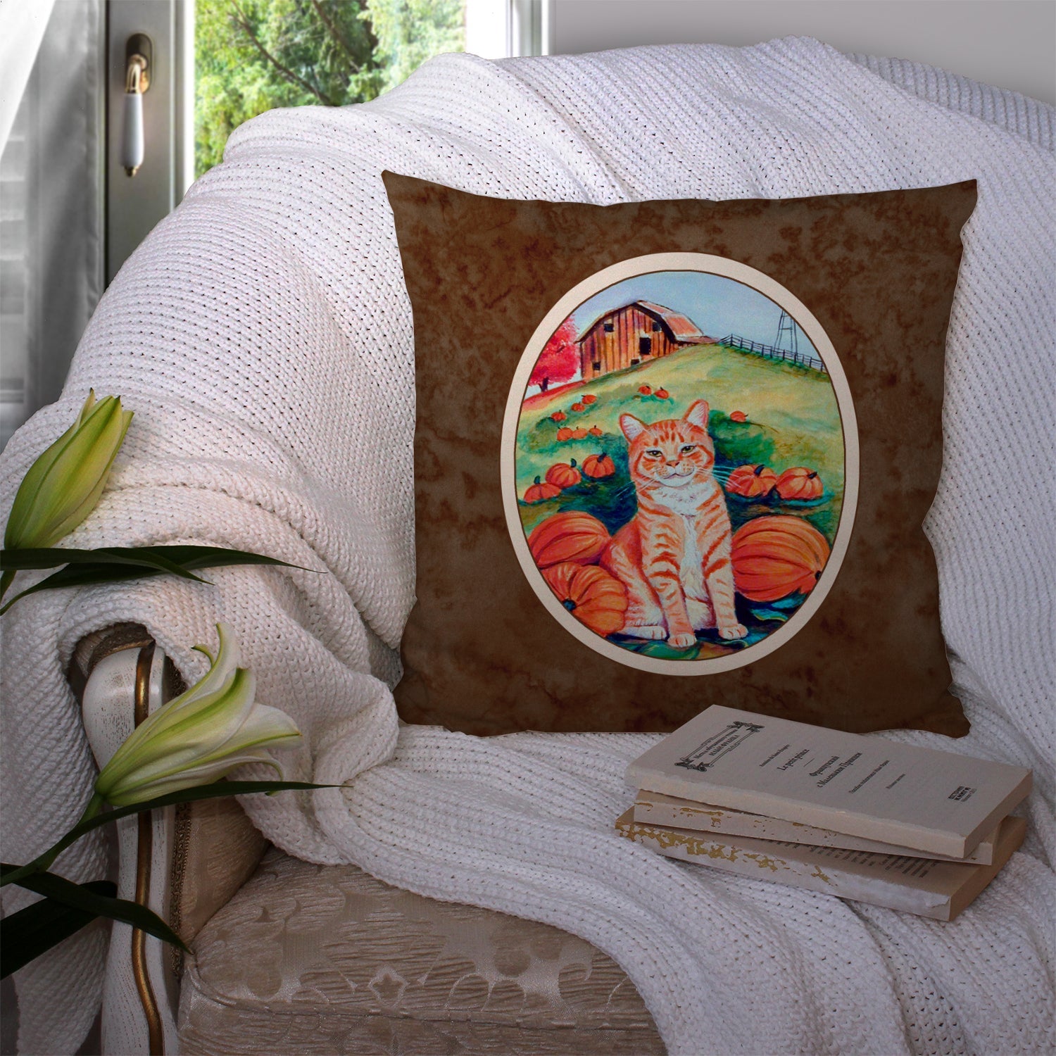 Tabby Cat in Pumpins Decorative Throw Pillow 14x14 Indoor Outdoor Accent Cushion, Fabric Cover with Insert for Sofa, Bed, Porch & Living Room