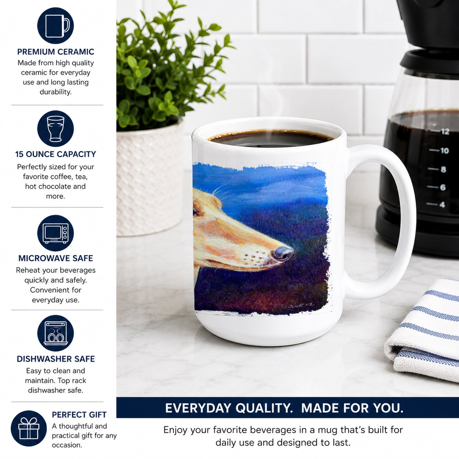 Saluki Ceramic Coffee Mug 15 oz Decorative Large C Handle Mug Cup for Tea, Cocoa Hot Chocolate