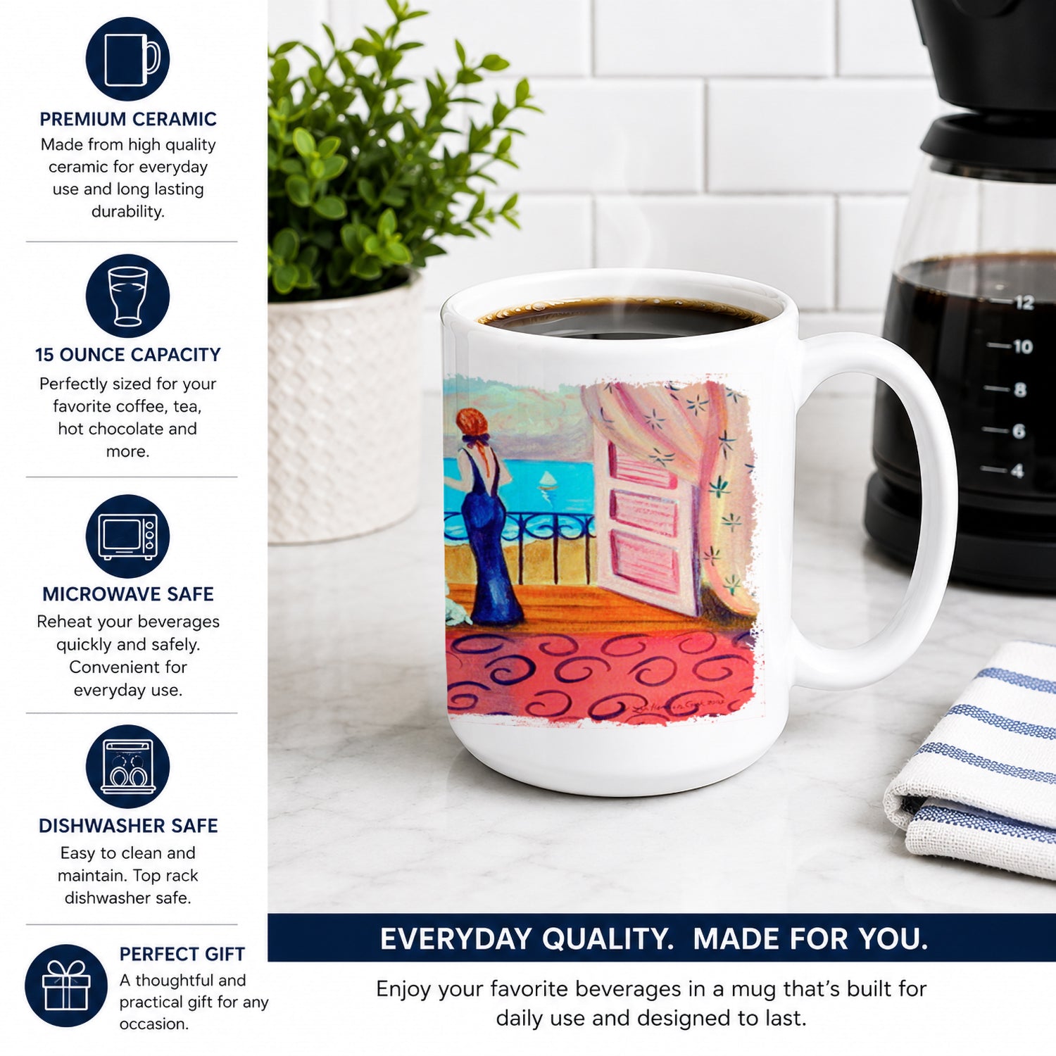 Westie with Mom and a view Ceramic Coffee Mug 15 oz Decorative Large C Handle Mug Cup for Tea, Cocoa Hot Chocolate