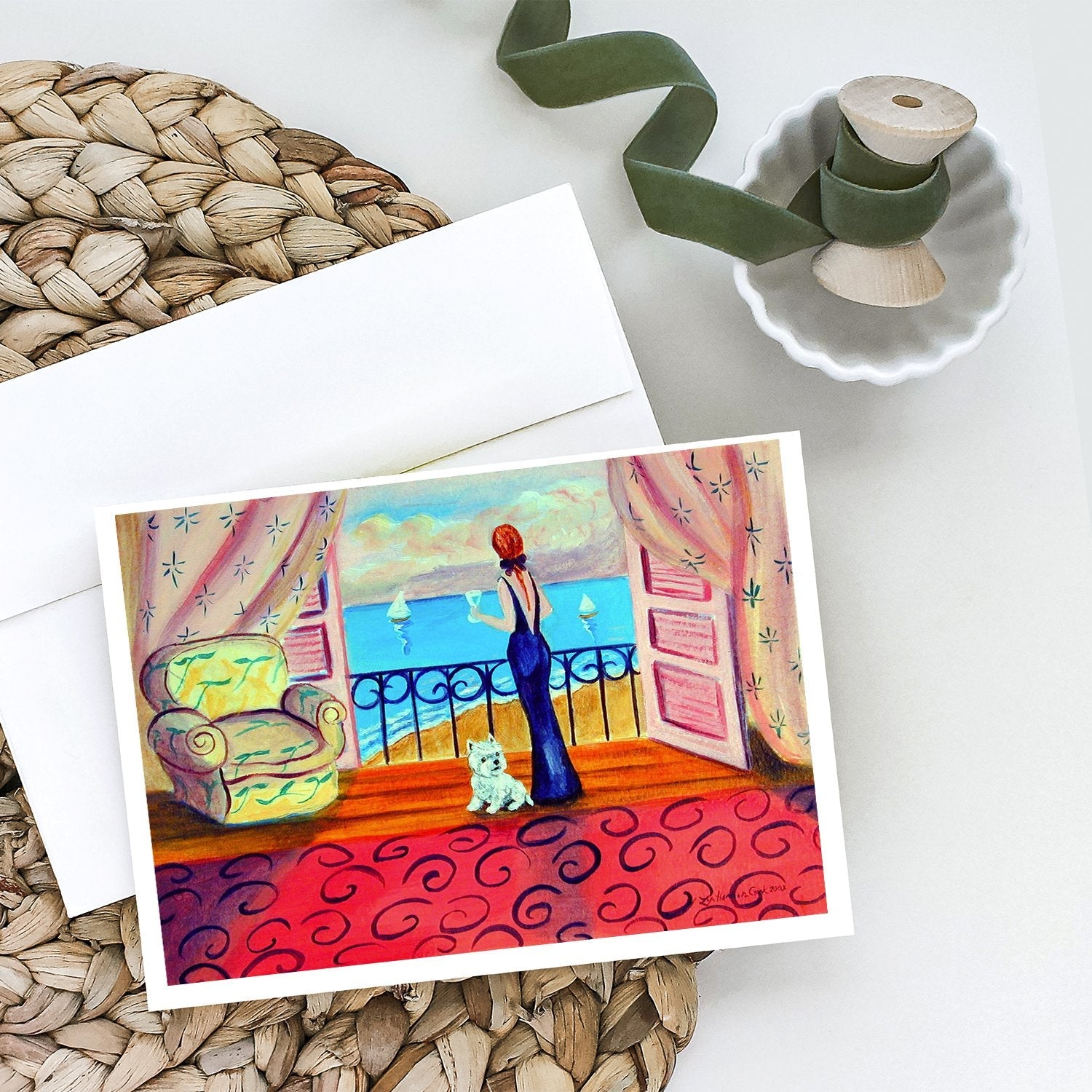 Westie with Mom and a view Greeting Cards Pack of 8 Blank Cards with Envelopes Whimsical A7 Size 5x7