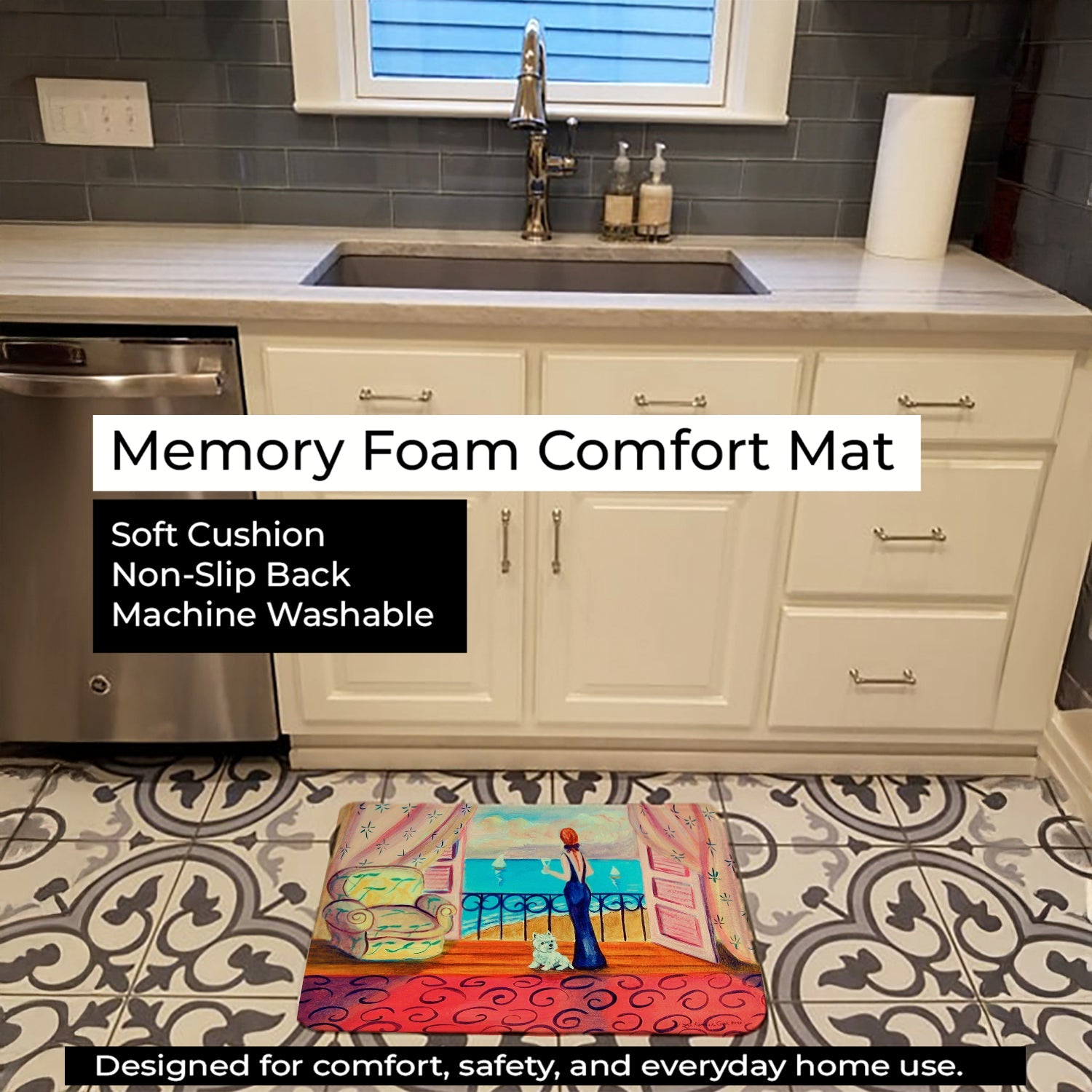 Westie with Mom and a view Memory Foam Kitchen Mat Machine Washable Anti-Fatigue Cushion Comfort Bath or Kitchen Rug