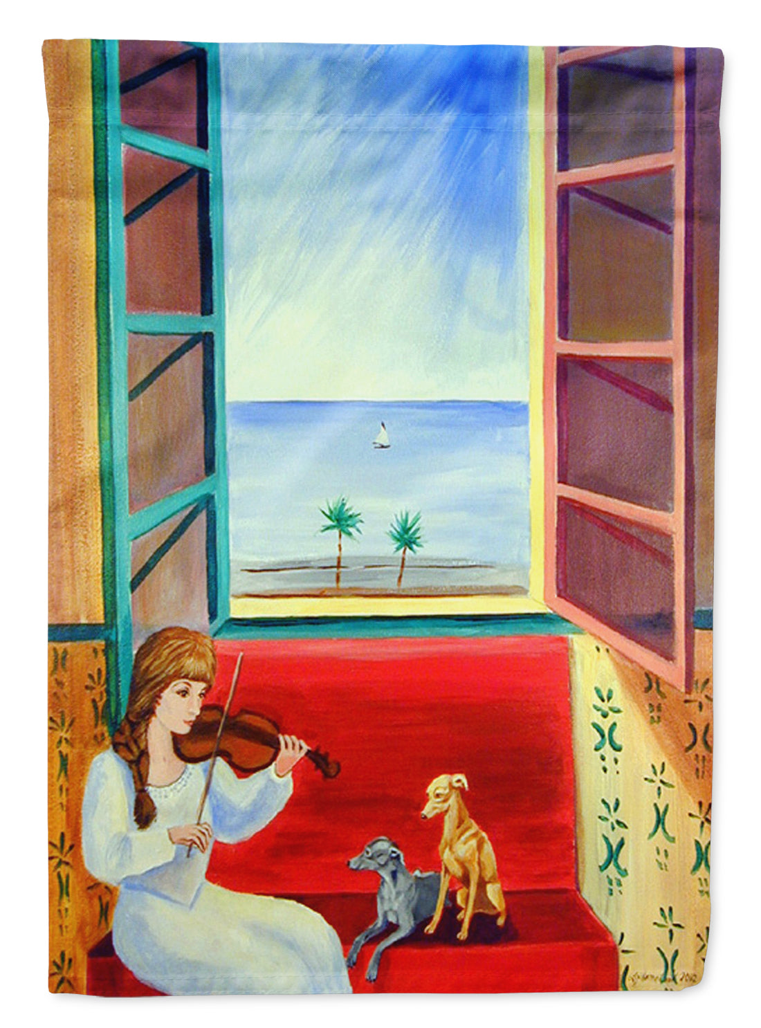 Italian Greyhounds and Violinist House Flag 28x40 Porch Sleeve Pole Decorative Outside Yard Banner Artwork Wall Hanging, Polyester