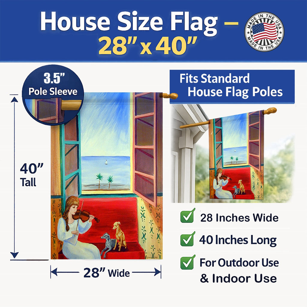 Italian Greyhounds and Violinist House Flag 28x40 Porch Sleeve Pole Decorative Outside Yard Banner Artwork Wall Hanging, Polyester