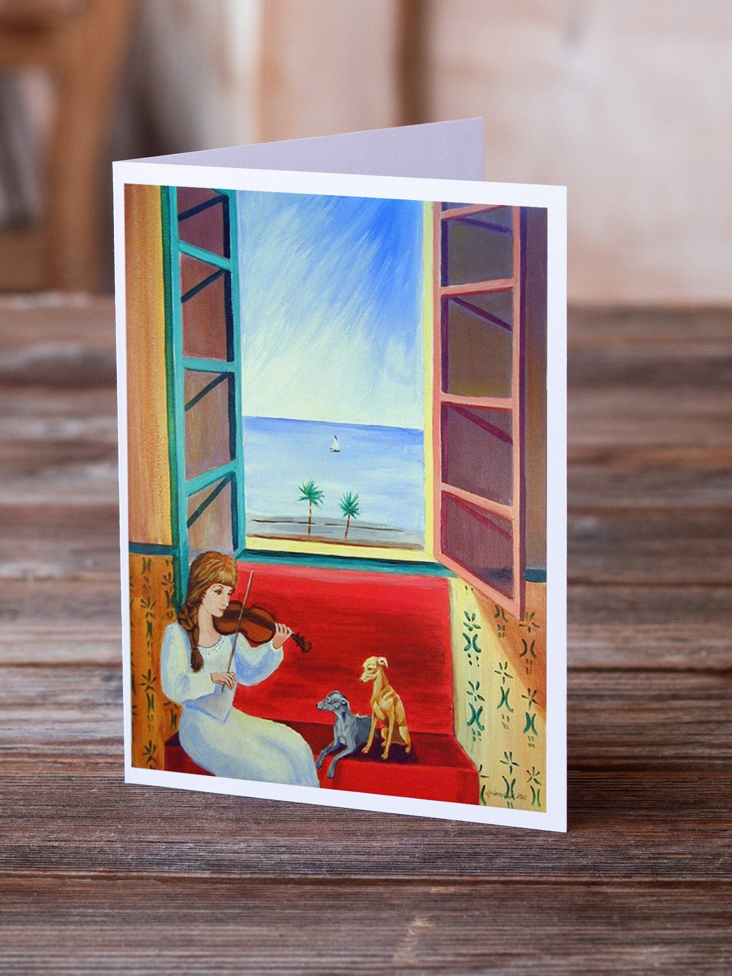 Italian Greyhounds and Violinist Greeting Cards Pack of 8 Blank Cards with Envelopes Whimsical A7 Size 5x7