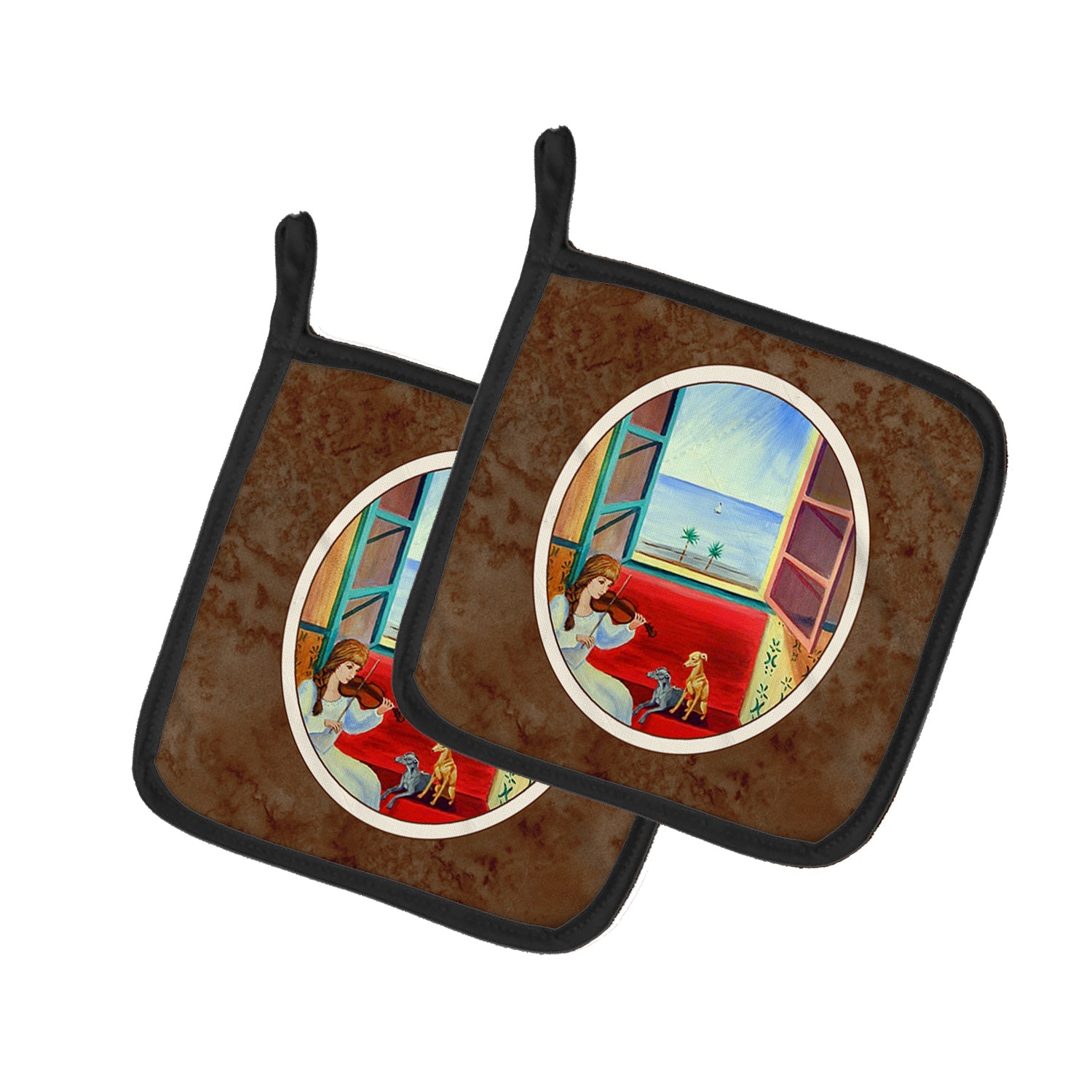 Italian Greyhounds and Violinist Pot Holder Set of 2 Heat Resistant Quilted Hot Pads 7.5 x 7.5 Inch, Insulated Kitchen Trivets for Cooking & Baking