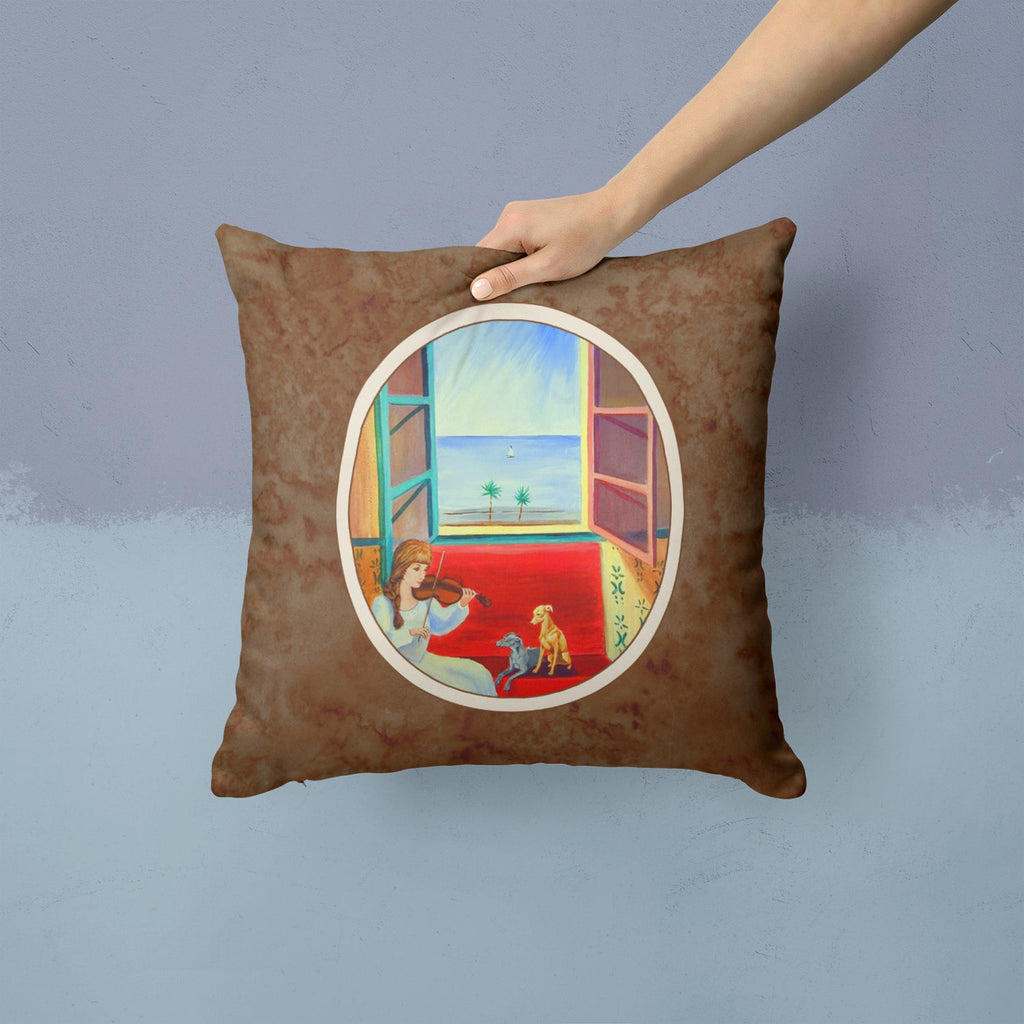 Italian Greyhounds and Violinist Decorative Throw Pillow 14x14 Indoor Outdoor Accent Cushion, Fabric Cover with Insert for Sofa, Bed, Porch & Living Room