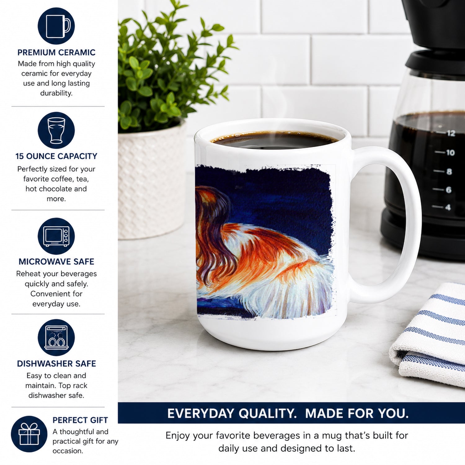 Papillon Ceramic Coffee Mug 15 oz Decorative Large C Handle Mug Cup for Tea, Cocoa Hot Chocolate