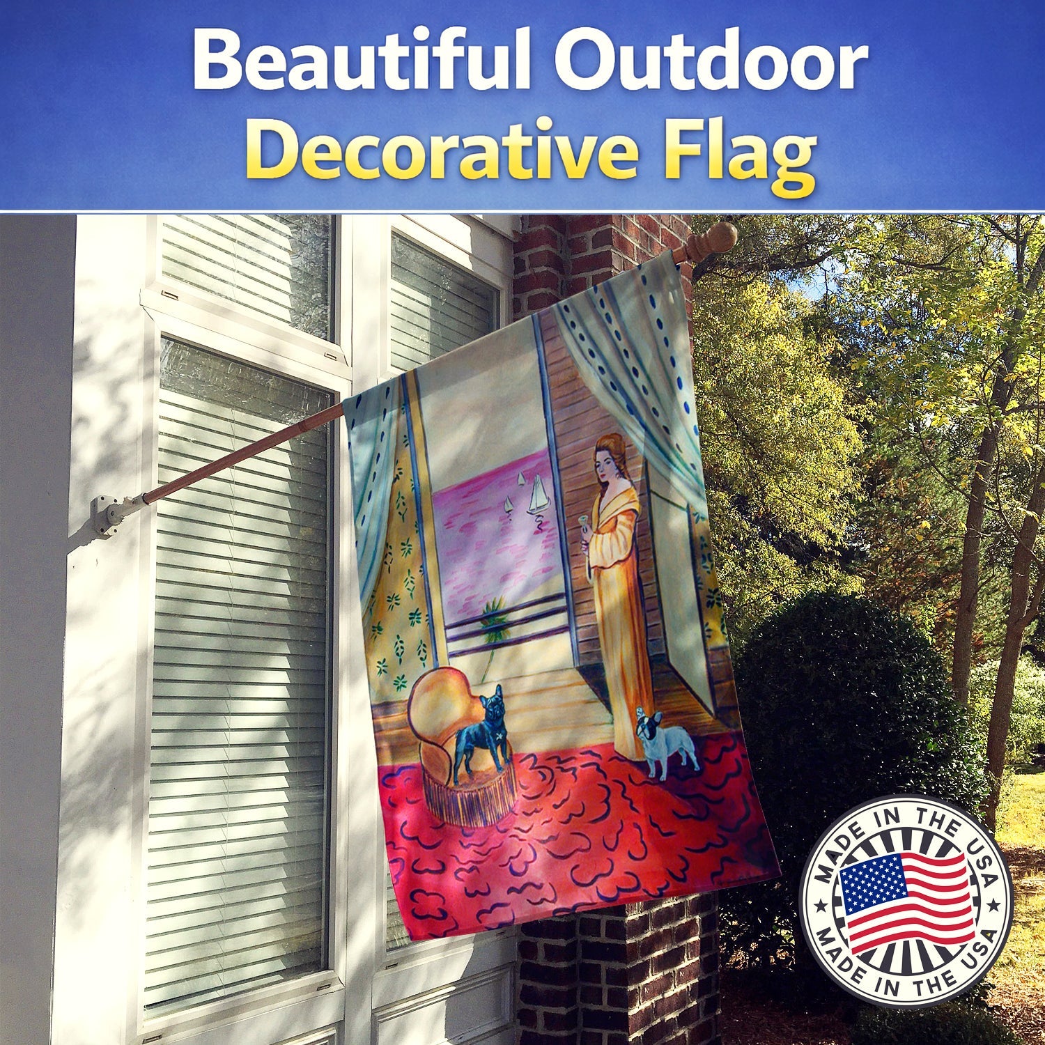 French Bulldog and lady House Flag 28x40 Porch Sleeve Pole Decorative Outside Yard Banner Artwork Wall Hanging, Polyester