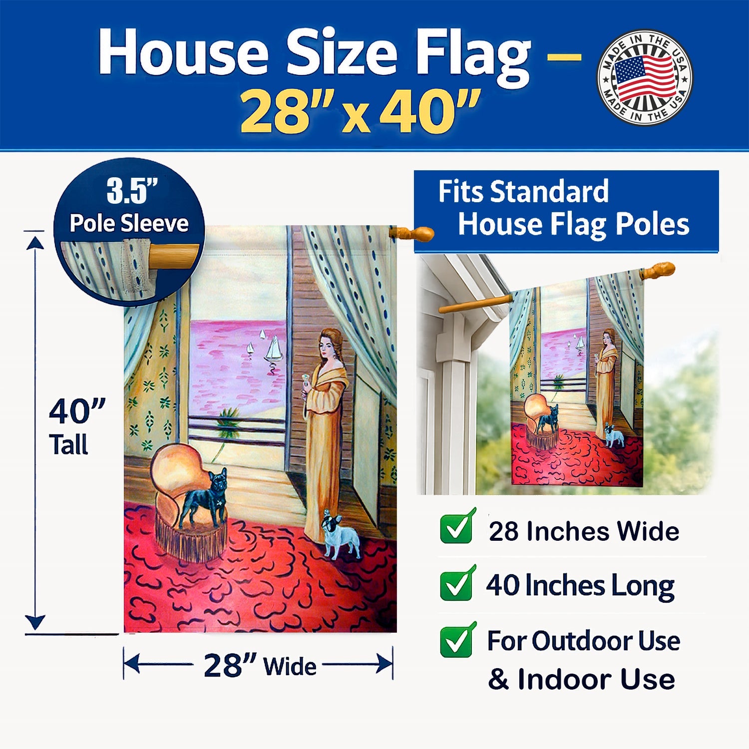 French Bulldog and lady House Flag 28x40 Porch Sleeve Pole Decorative Outside Yard Banner Artwork Wall Hanging, Polyester