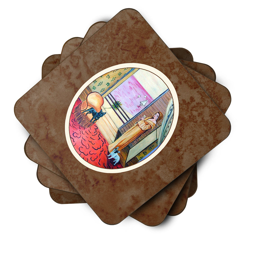 French Bulldog and lady Foam Coasters Set of 4 Cup Coasters for Indoor Outdoor, Tabletop Protection, Anti Slip, Mouse pad Material