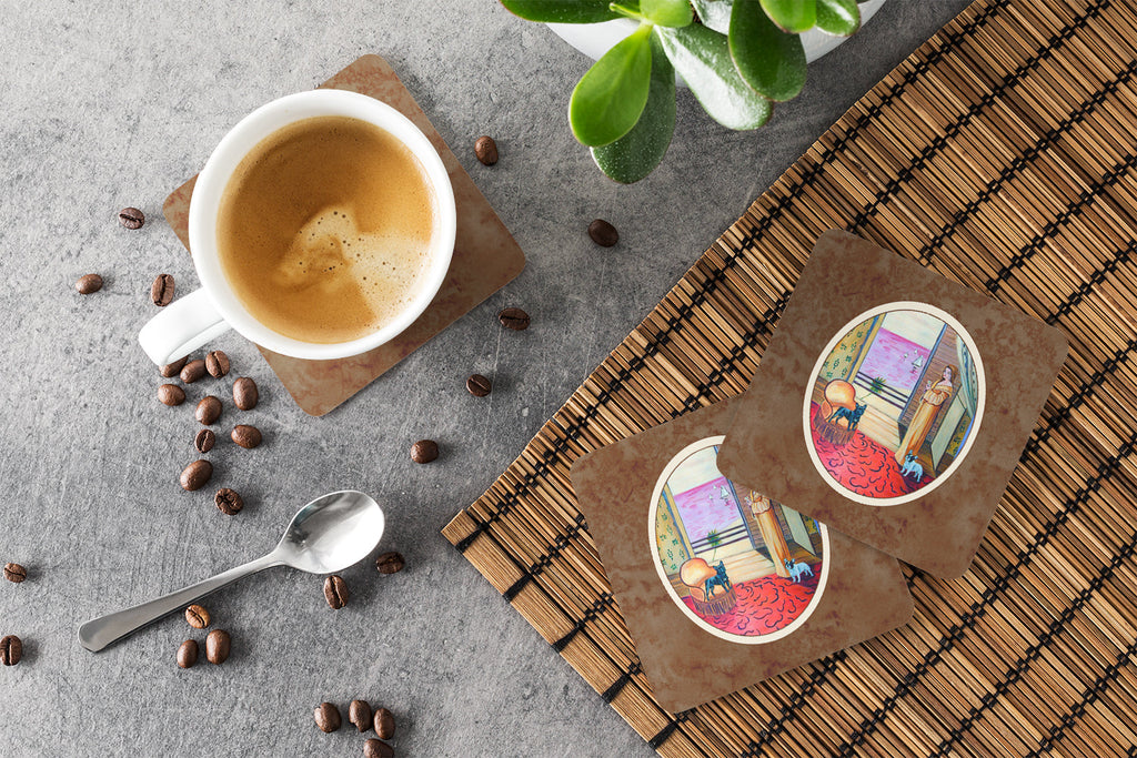 French Bulldog and lady Foam Coasters Set of 4 Cup Coasters for Indoor Outdoor, Tabletop Protection, Anti Slip, Mouse pad Material