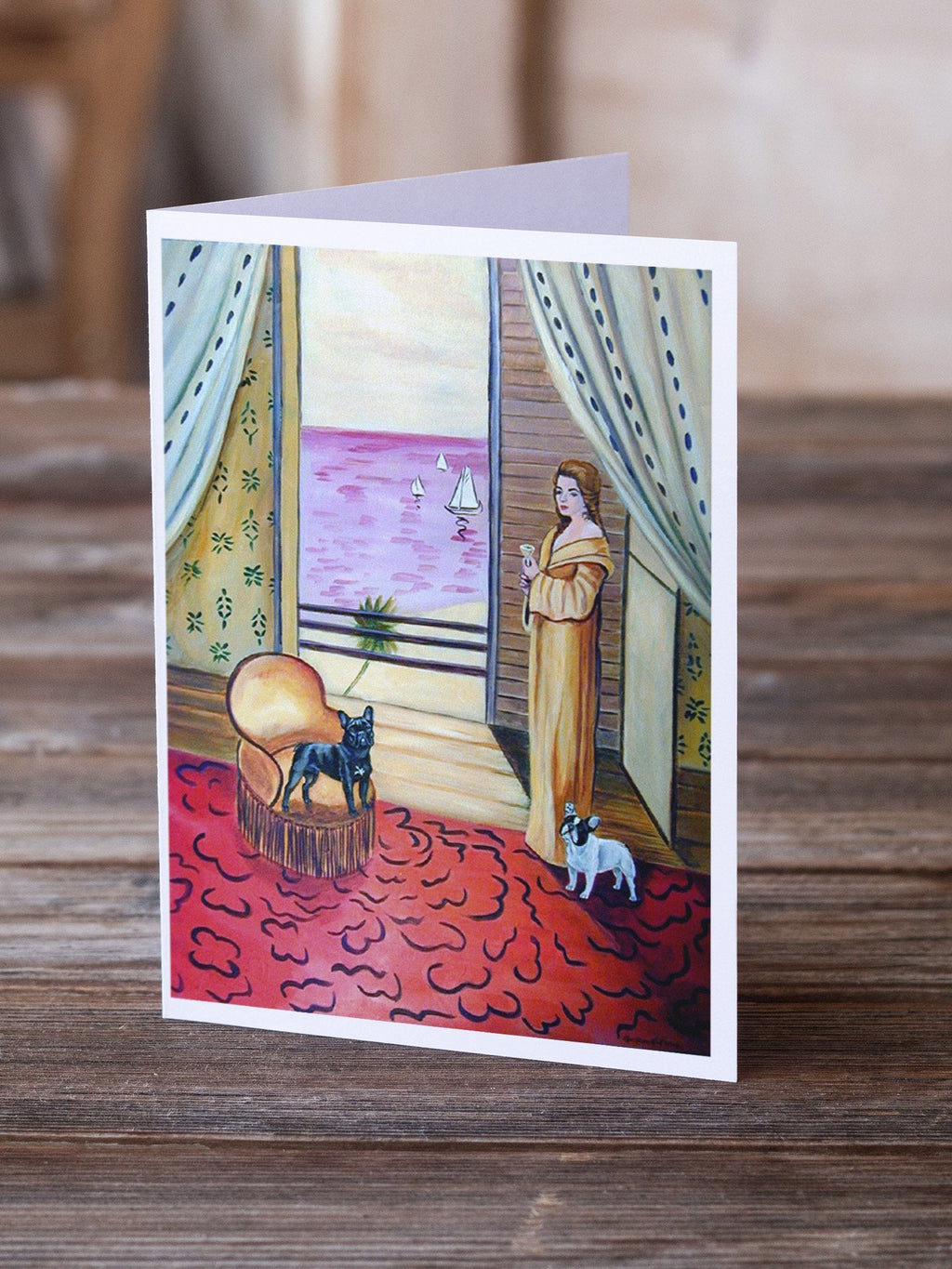 French Bulldog and lady Greeting Cards Pack of 8 Blank Cards with Envelopes Whimsical A7 Size 5x7