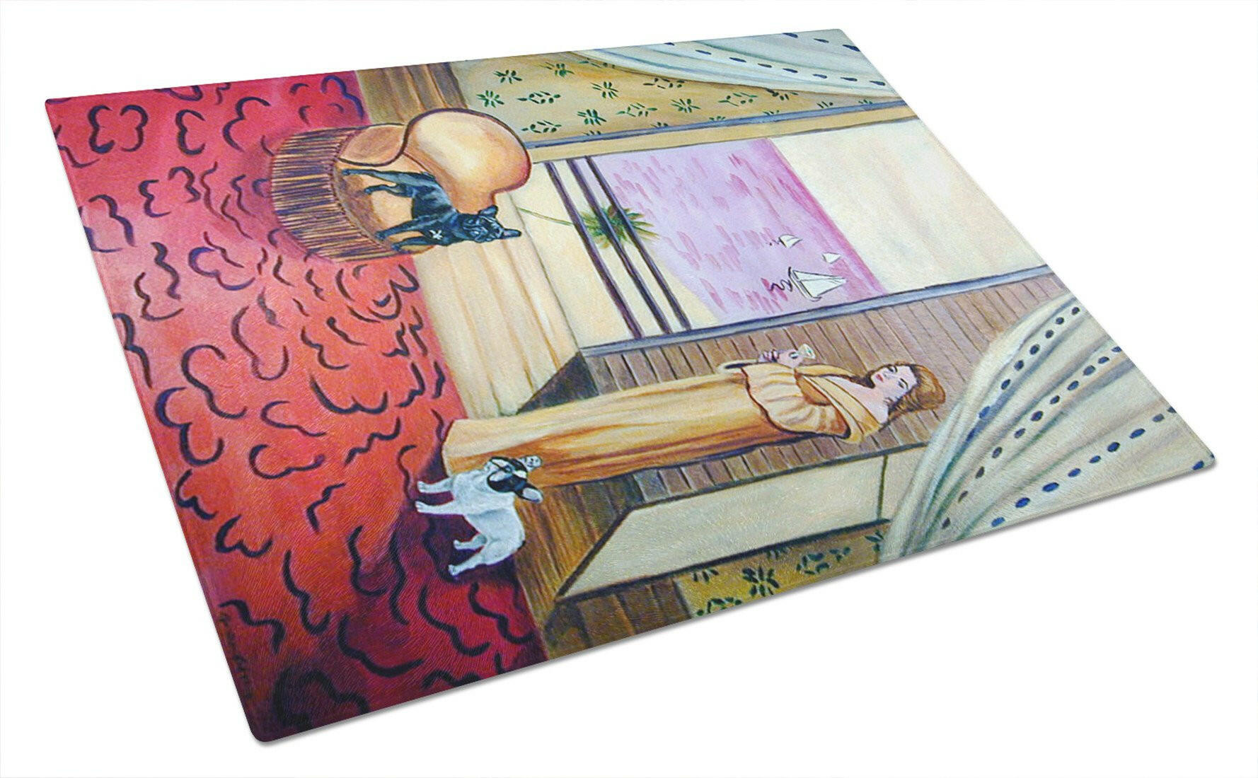 French Bulldog and lady Cutting Board Tempered Glass Kitchen Cutting Surface, Heat Resistant Chopping, Non-Slip Feet, Food Prep & Serving