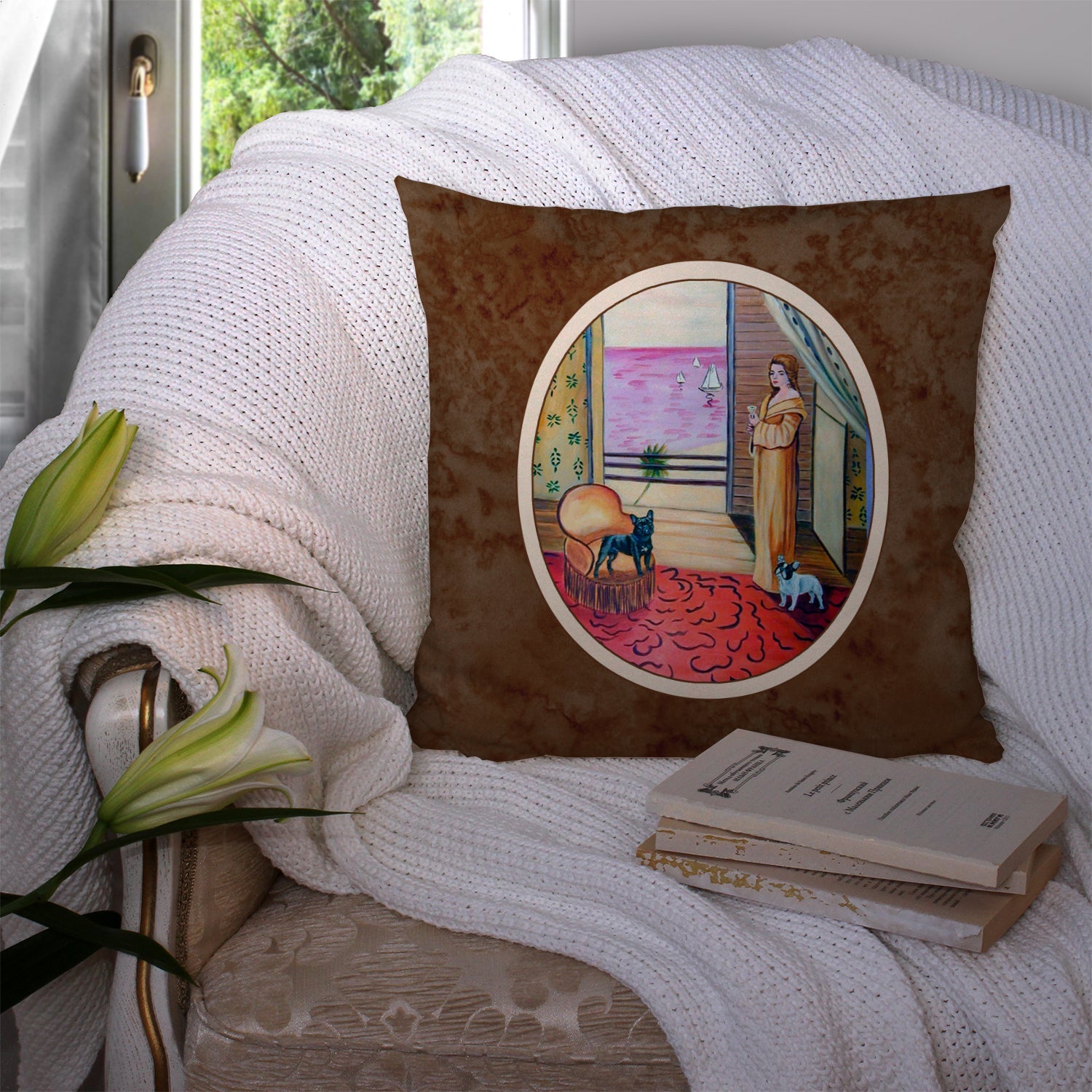French Bulldog and lady Decorative Throw Pillow 14x14 Indoor Outdoor Accent Cushion, Fabric Cover with Insert for Sofa, Bed, Porch & Living Room