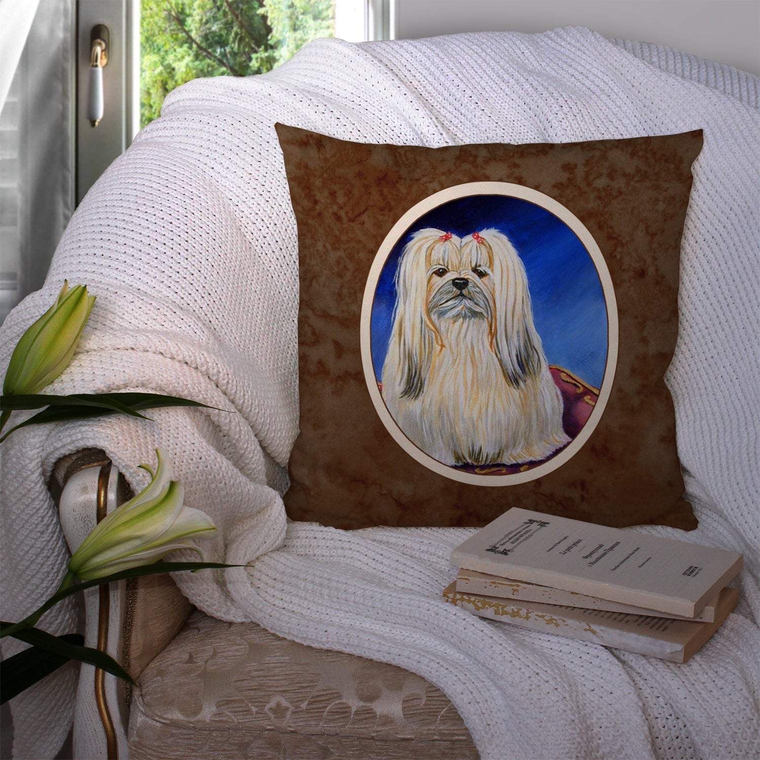 Lhasa Apso Decorative Throw Pillow 14x14 Indoor Outdoor Accent Cushion, Fabric Cover with Insert for Sofa, Bed, Porch & Living Room