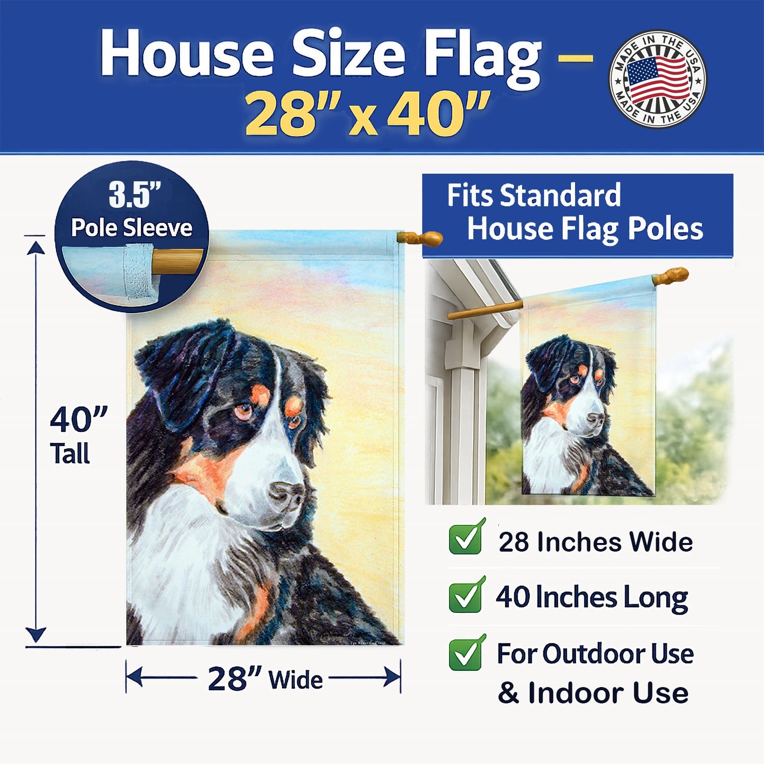 Bernese Mountain Dog House Flag 28x40 Porch Sleeve Pole Decorative Outside Yard Banner Artwork Wall Hanging, Polyester