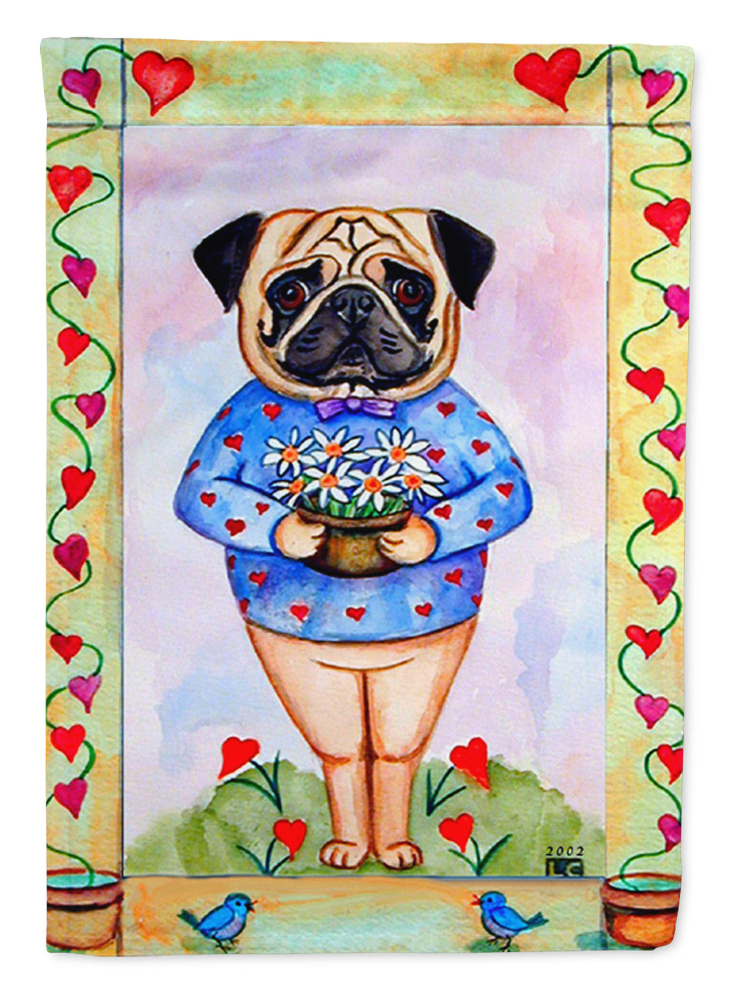Pug Valentine's Hearts House Flag 28x40 Porch Sleeve Pole Decorative Outside Yard Banner Artwork Wall Hanging, Polyester